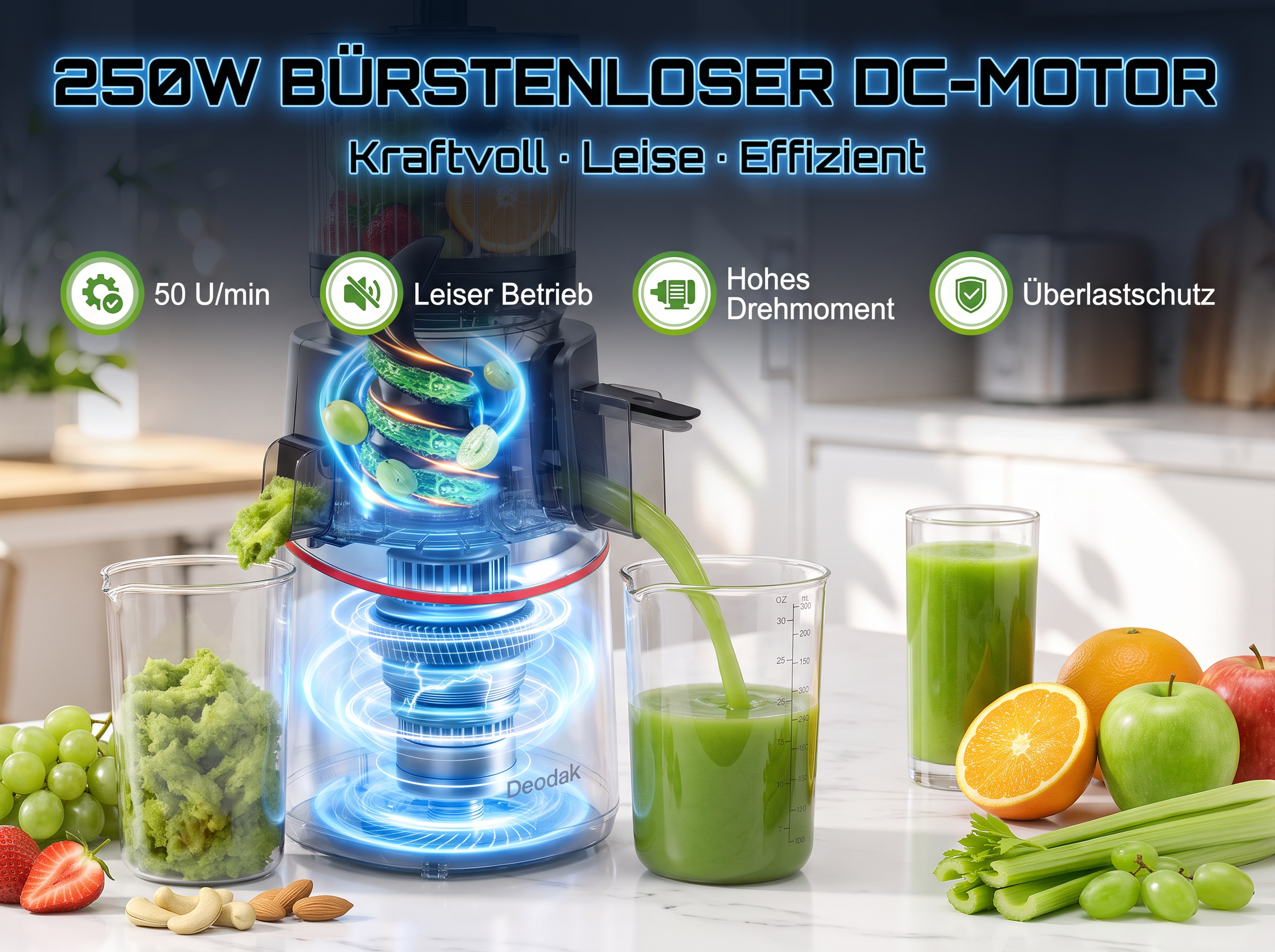 Ein Entsafter mit einem 250W Motor presst grünen Saft in einen Becher, umgeben von Obst und Gemüse auf einer Küchentheke.