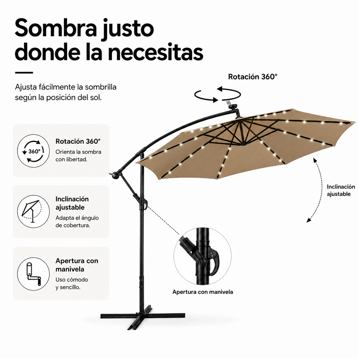 Un parasol voladizo beige con luces LED, que muestra rotación de 360 grados y manivela.