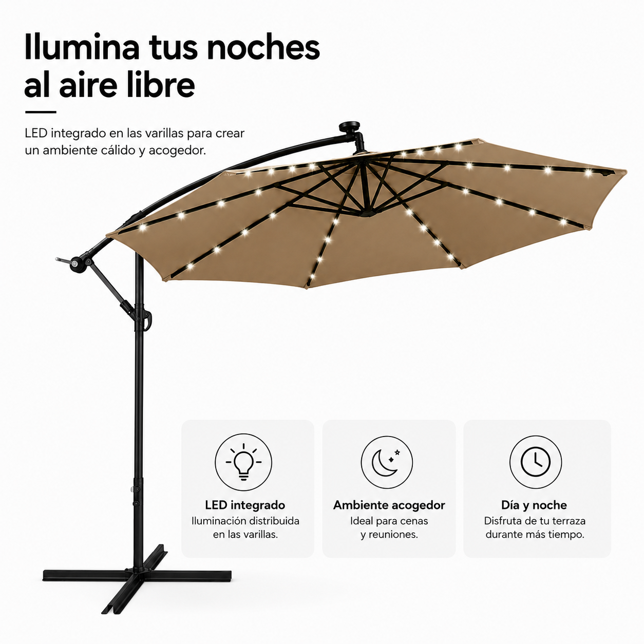 Un sombrilla de patio voladiza beige con luces LED integradas a lo largo de las varillas, estructura negra y texto.