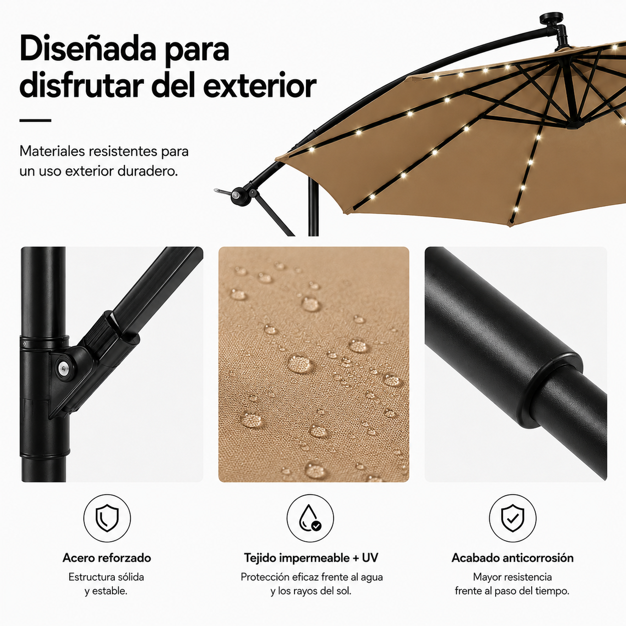 Sombrilla beige con luces, tejido impermeable y estructura de acero reforzado resistente a la corrosión.