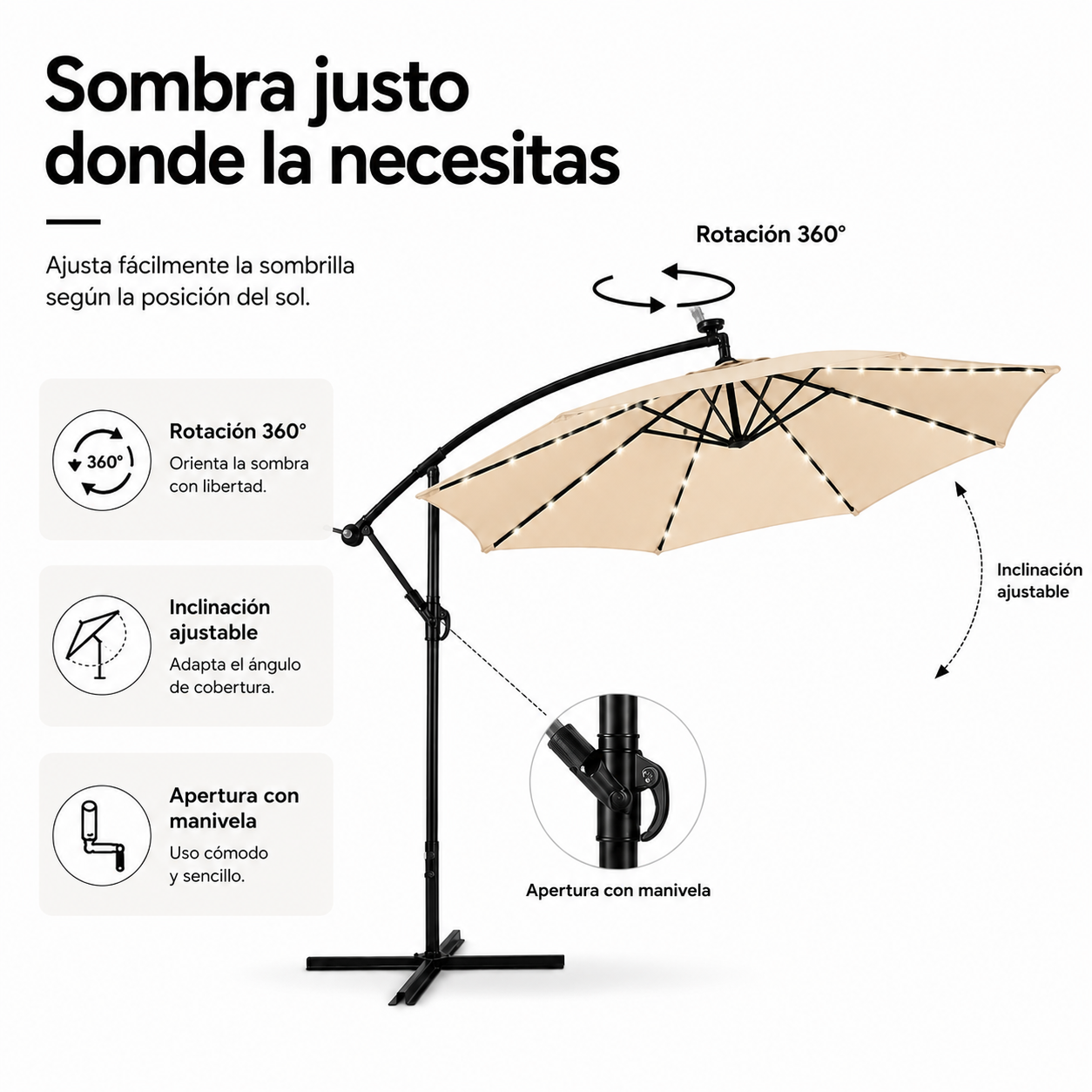 Sombrilla excéntrica beige con estructura negra, rotación de 360 grados, inclinación ajustable y manivela.