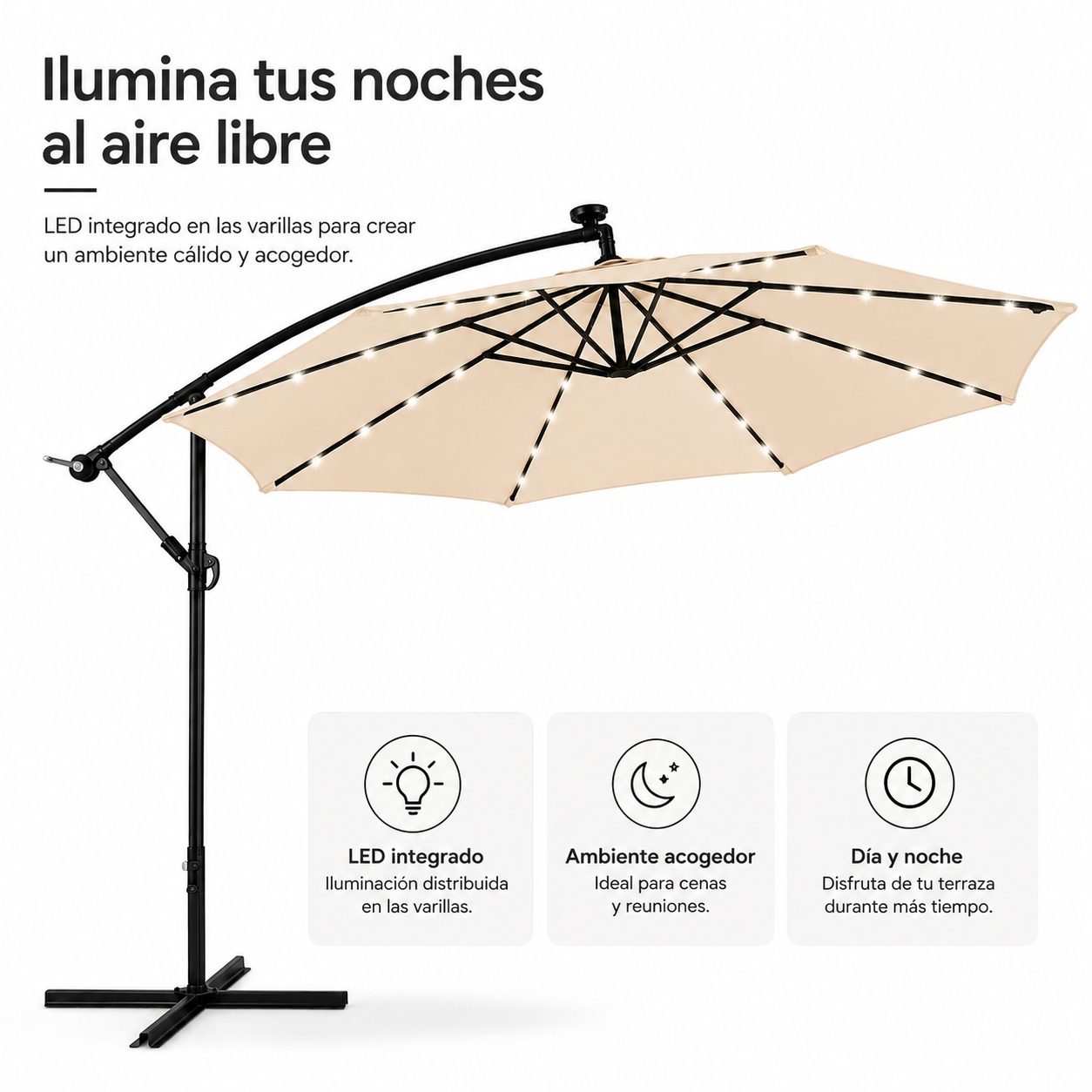 Sombrilla de terraza tipo voladizo en color beige con luces LED integradas en las varillas y estructura metálica negra.