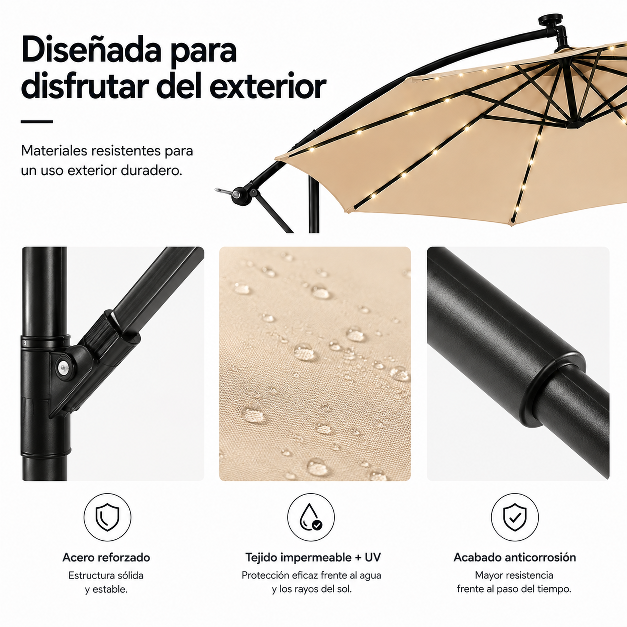 Sombrilla beige con LED, acero reforzado, tejido impermeable y acabado anticorrosión.