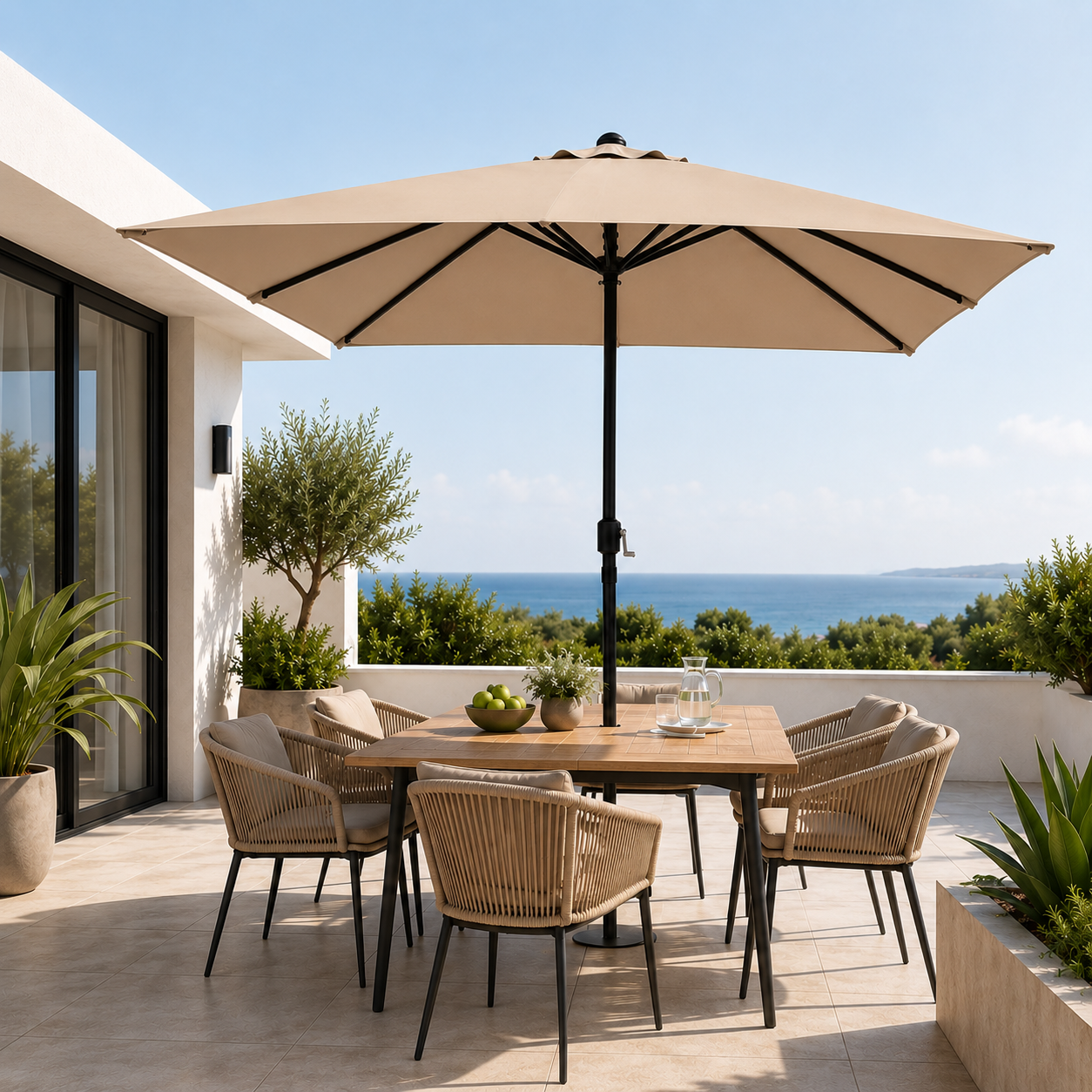 Una terraza soleada con mesa de madera, sillas, gran sombrilla beige y vistas al mar al fondo.