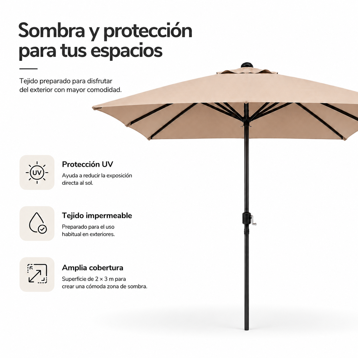 Sombrilla de patio beige con poste negro y texto en español sobre protección UV y tela impermeable.