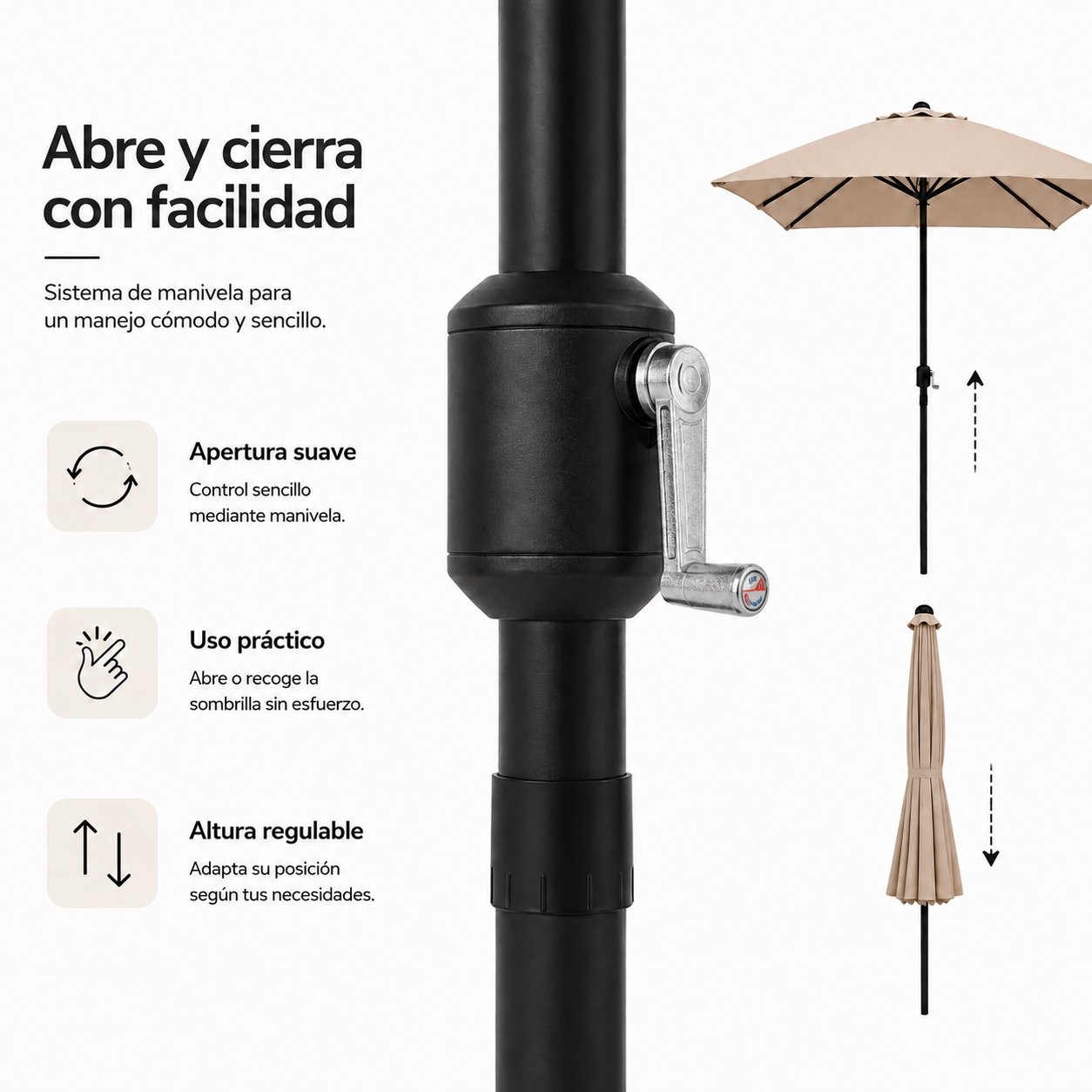 Primer plano del mecanismo de manivela de una sombrilla con texto explicativo.