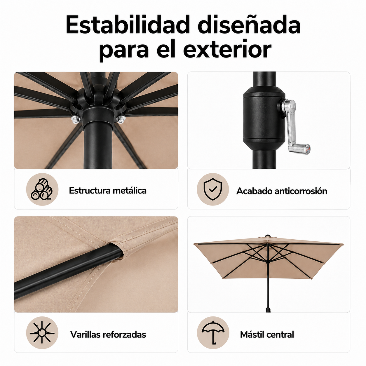 Cuatro imágenes de detalles que muestran la estructura metálica, el mecanismo de manivela, varillas reforzadas y sombrilla.