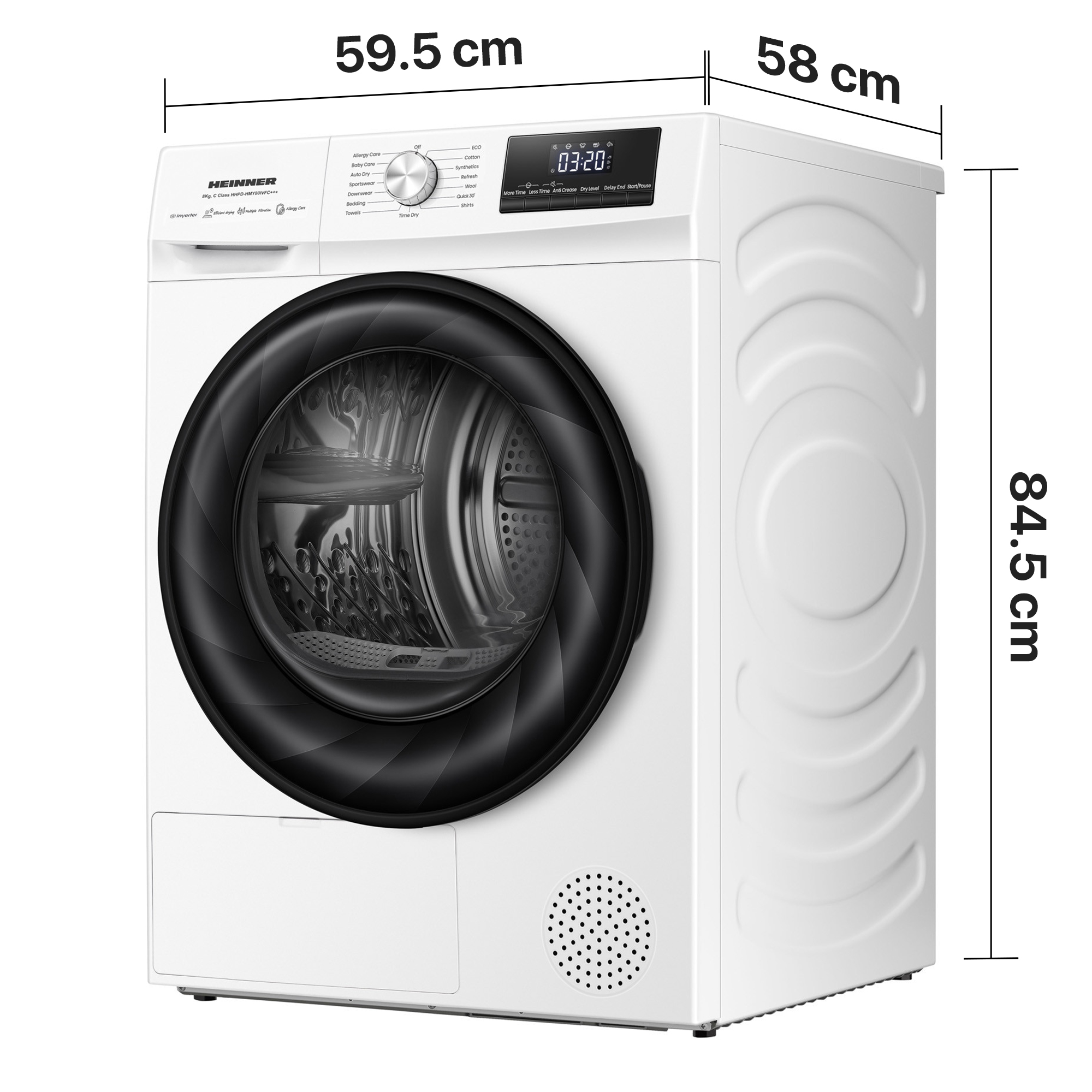 Weißer Heinner Trockner mit den Maßen: 59,5 cm breit, 58 cm tief und 84,5 cm hoch.