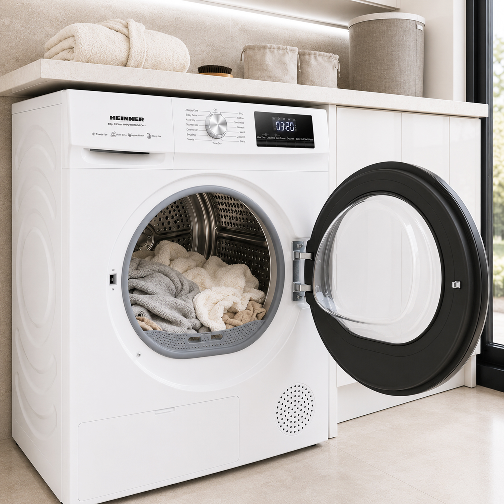 Eine weiße Waschmaschine mit geöffneter schwarzer Tür in einer modernen Küche mit Handtüchern und Körben oben.