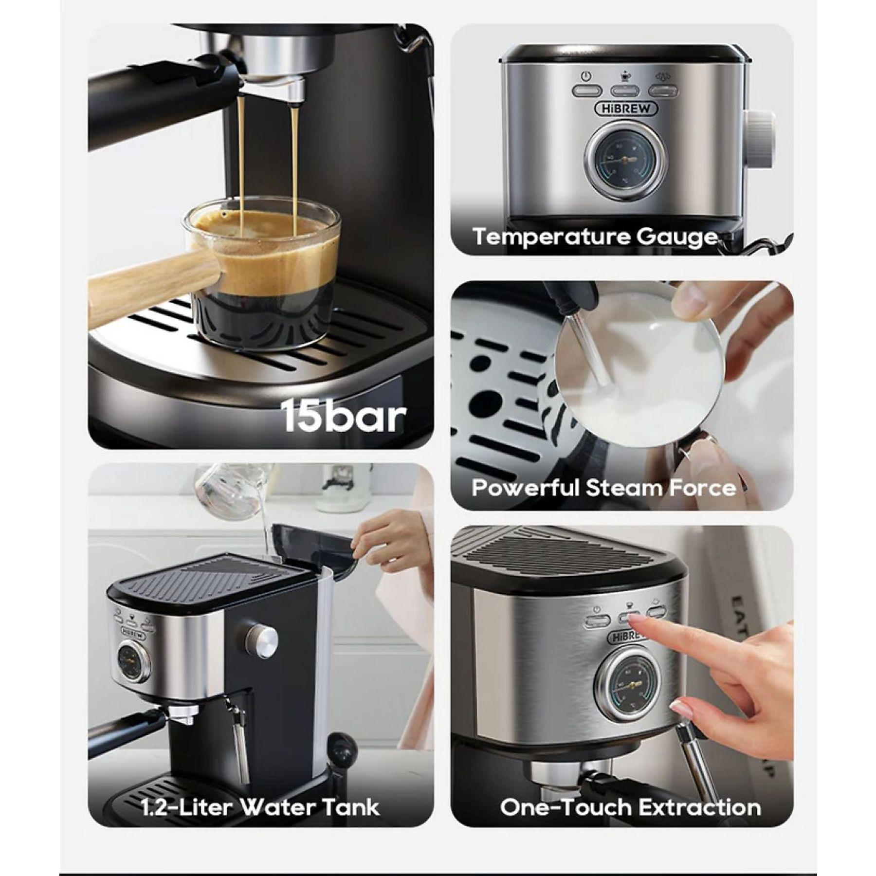 Collage zeigt eine Hibrew Espressomaschine mit 15 Bar Druck, Temperaturanzeige, Wassertank und Touch-Bedienung.