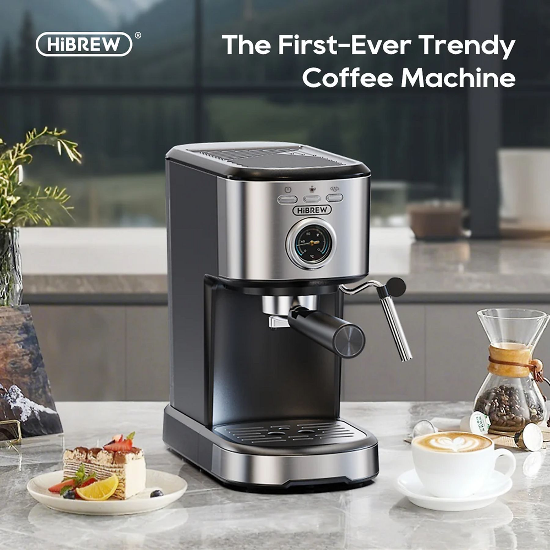 Eine moderne schwarze und silberne Espressomaschine auf einer Marmortheke mit Kuchen und Kaffee.