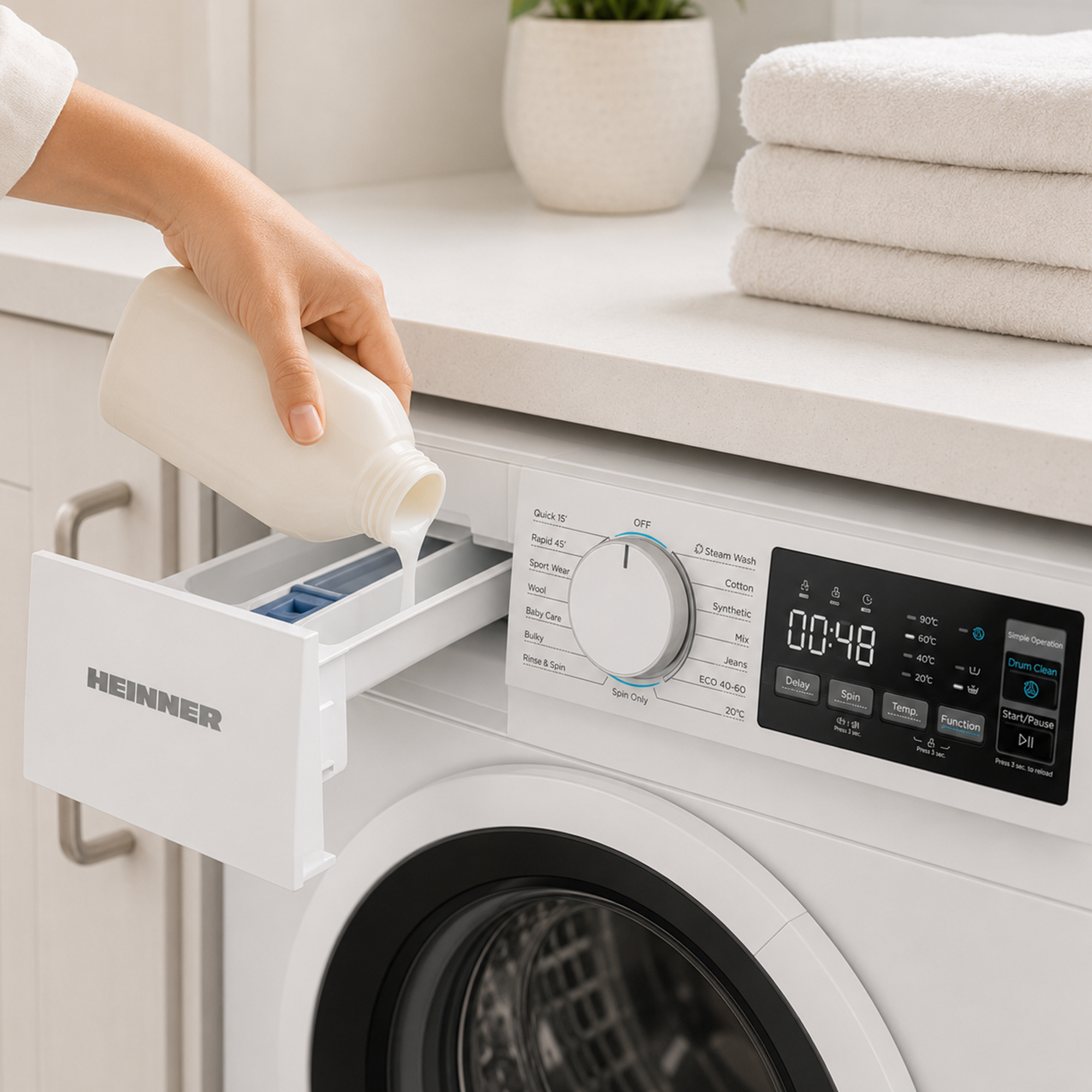 Une main verse de la lessive liquide dans le tiroir ouvert d'un lave-linge blanc Heinner.