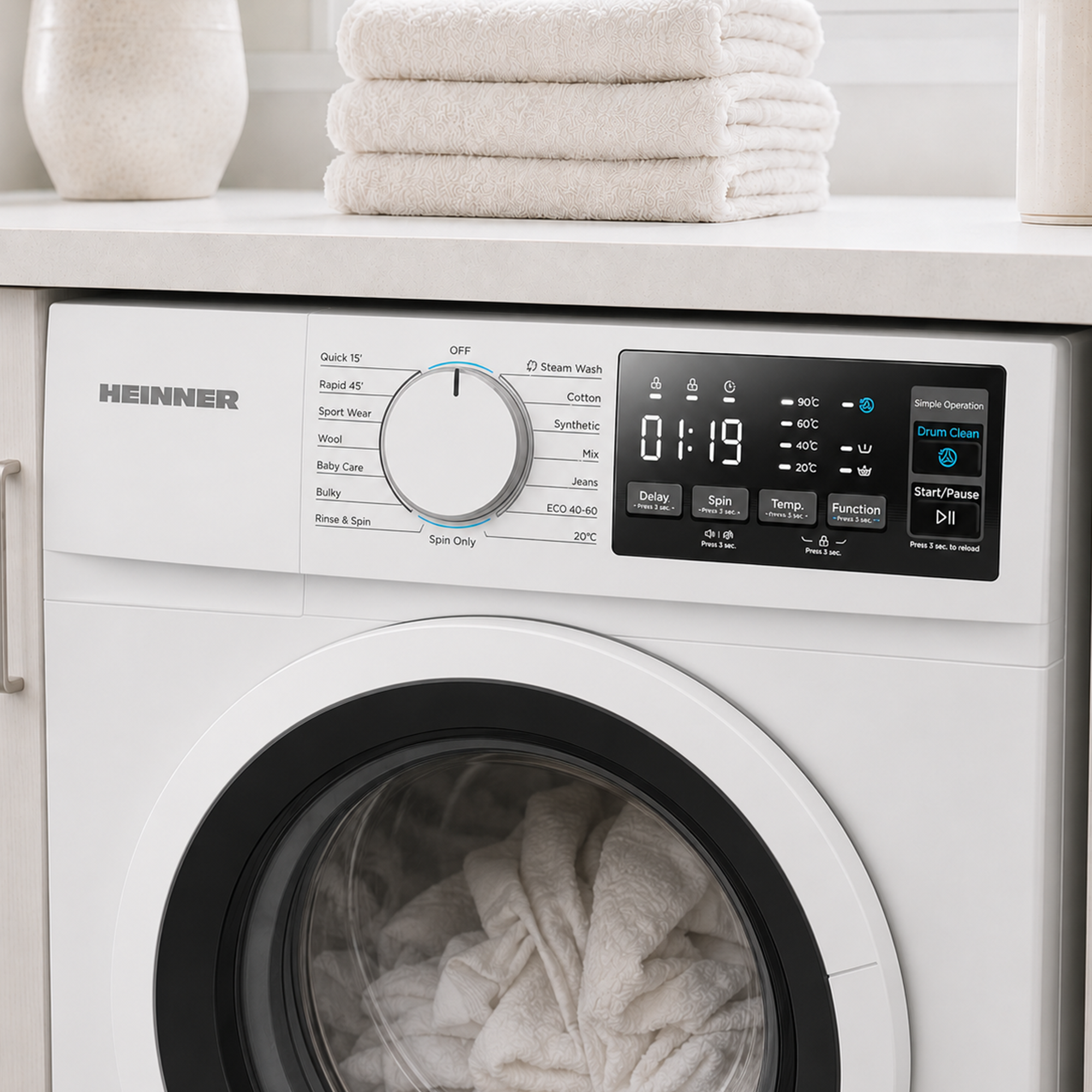 Un lave-linge blanc Heinner avec écran numérique et serviettes pliées sur le dessus.