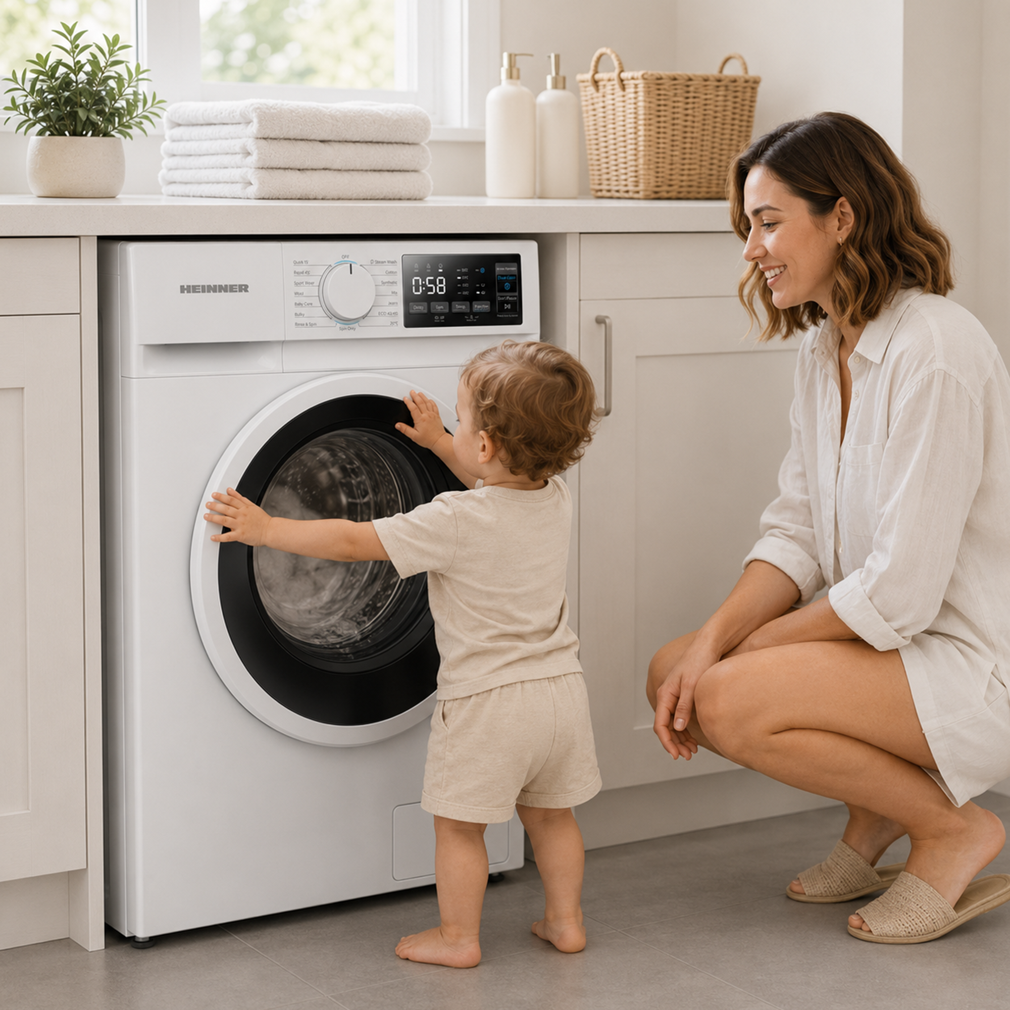 Une mère s'agenouille à côté de son tout-petit qui touche curieusement la porte d'un lave-linge blanc.