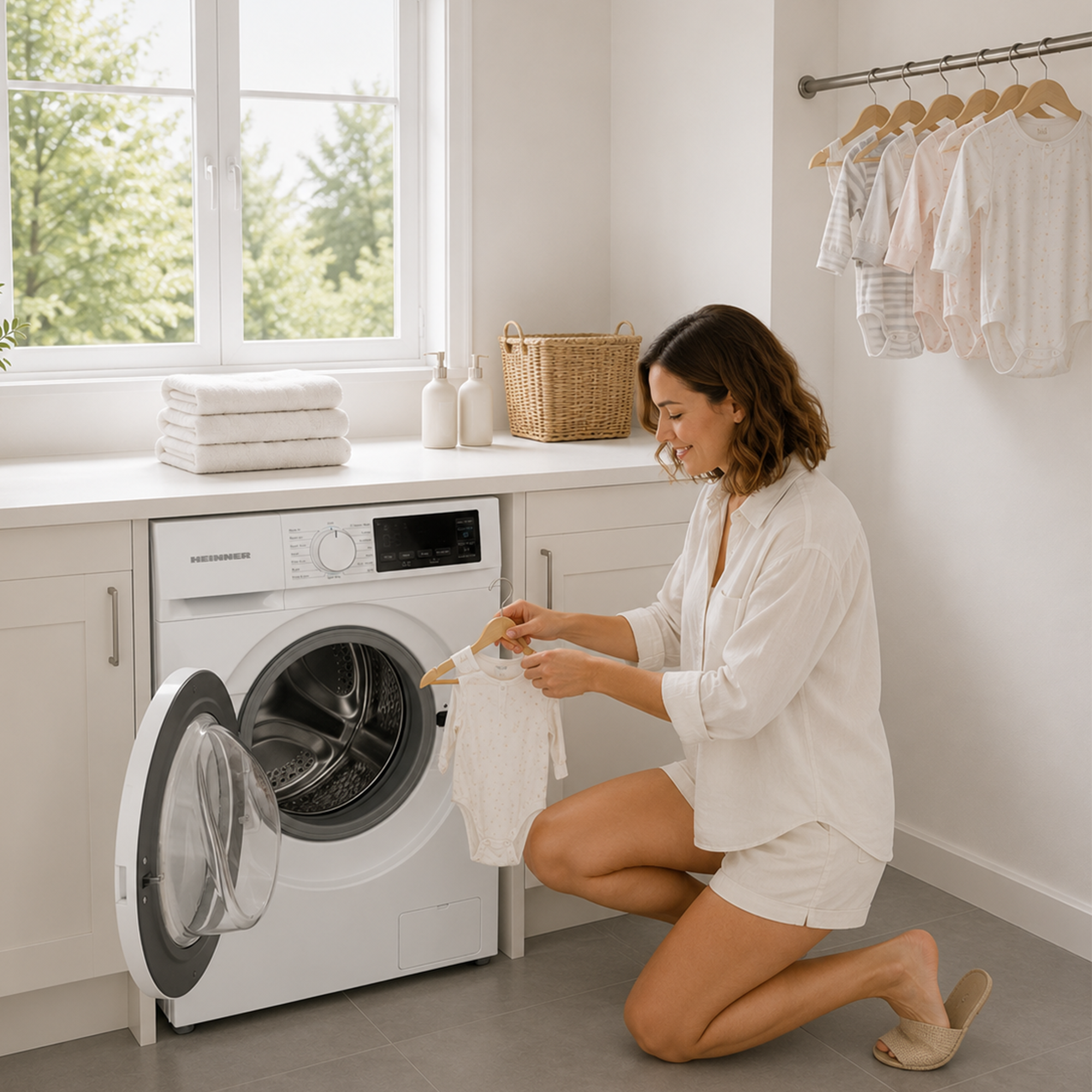 Une femme s'agenouille près d'un lave-linge en suspendant des vêtements de bébé.
