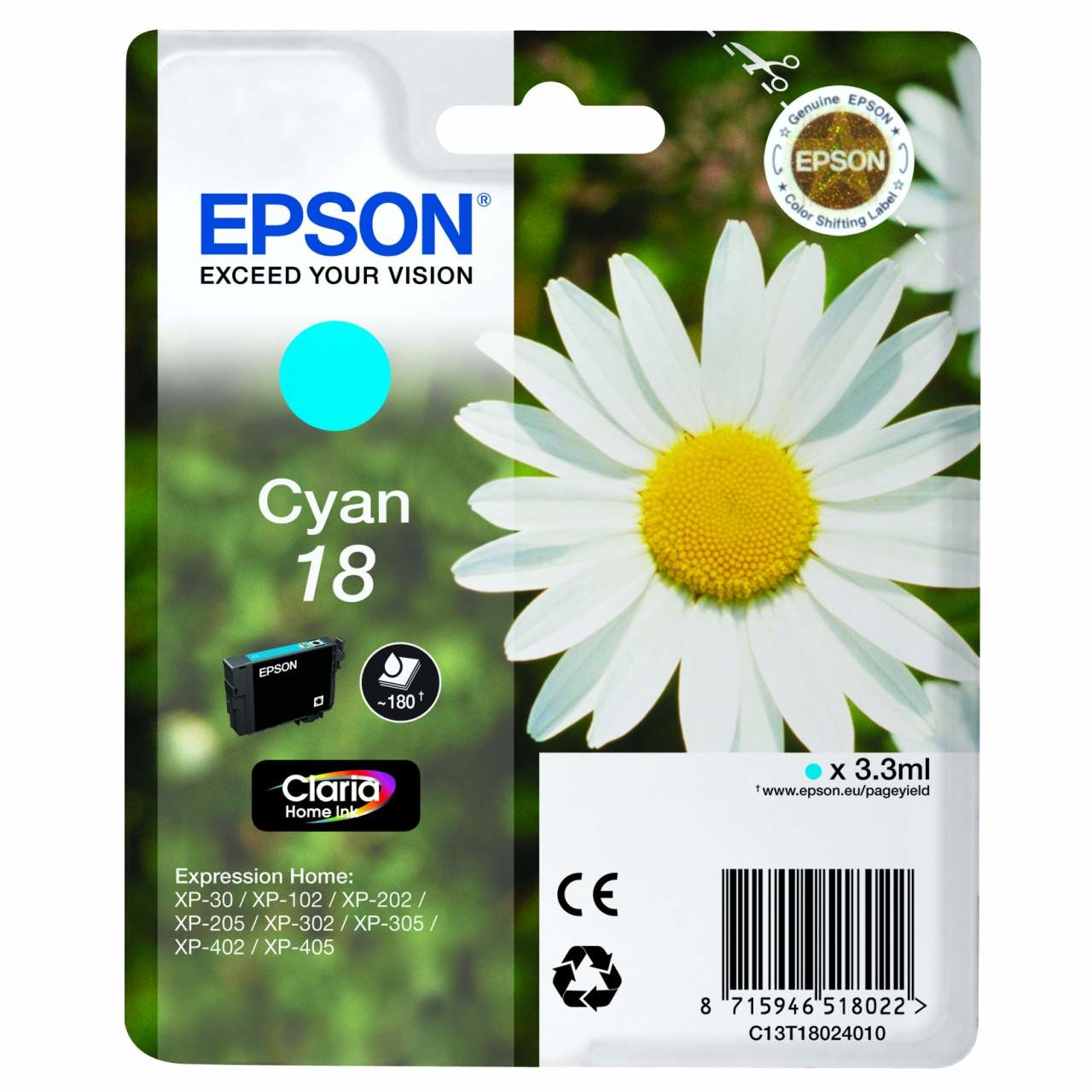 Confezione cartuccia d'inchiostro Epson 18 ciano con margherita, loghi e dettagli.