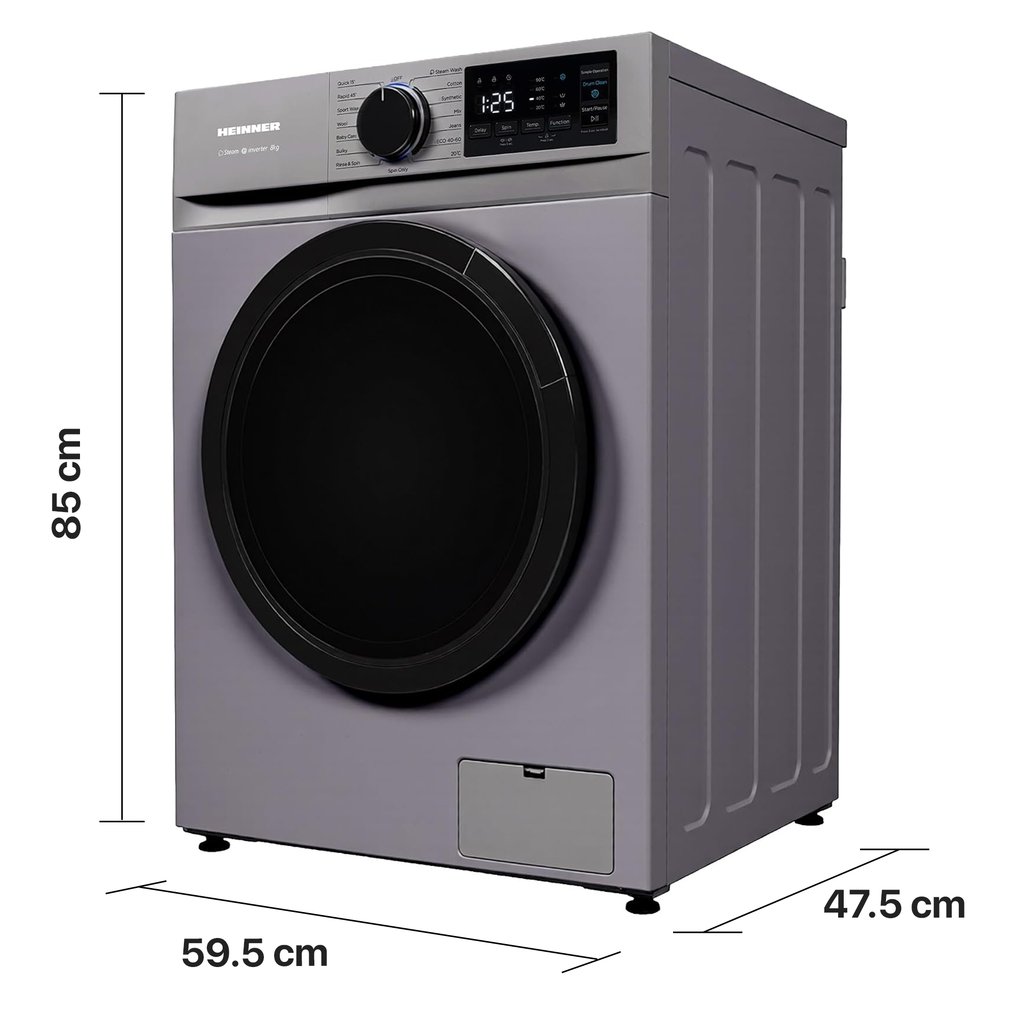 Graue Heinner Waschmaschine mit 85cm Höhe, 59.5cm Breite und 47.5cm Tiefe.