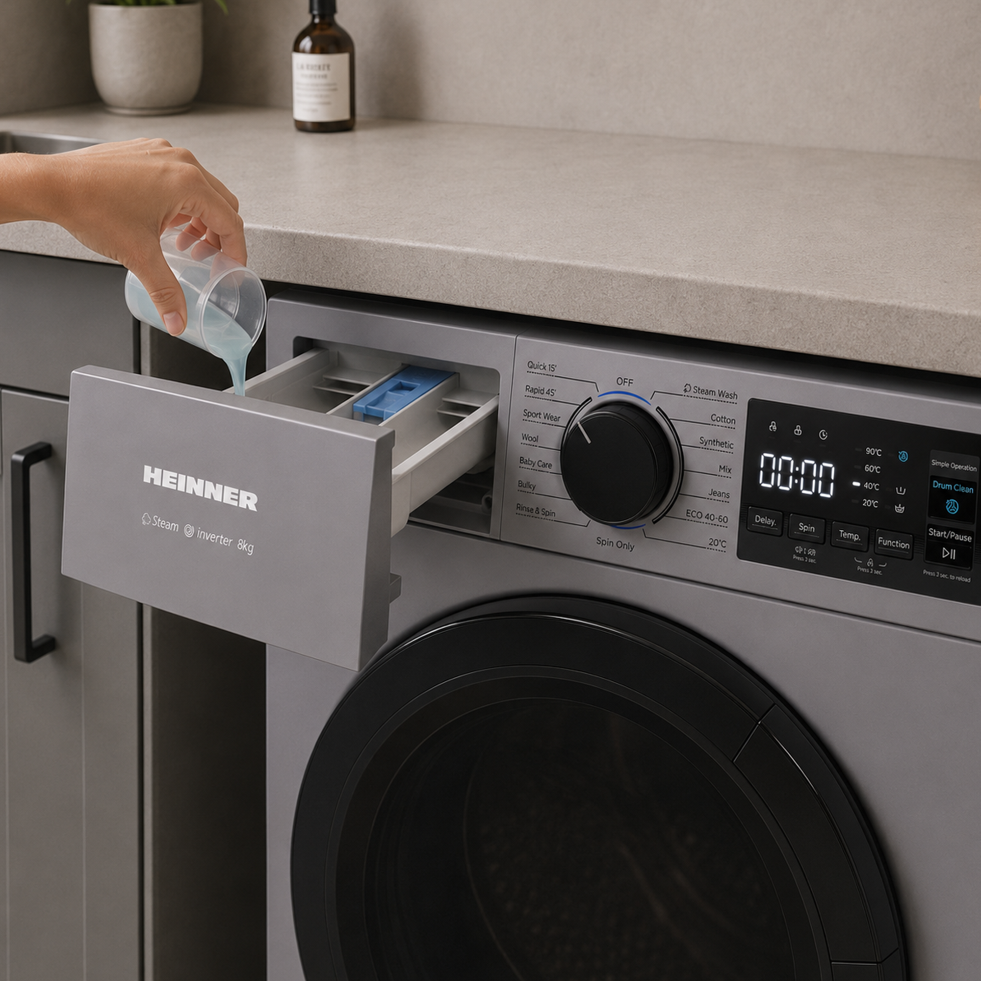 Eine Hand gießt blauen Weichspüler in die geöffnete Schublade einer grauen Heinner-Waschmaschine.