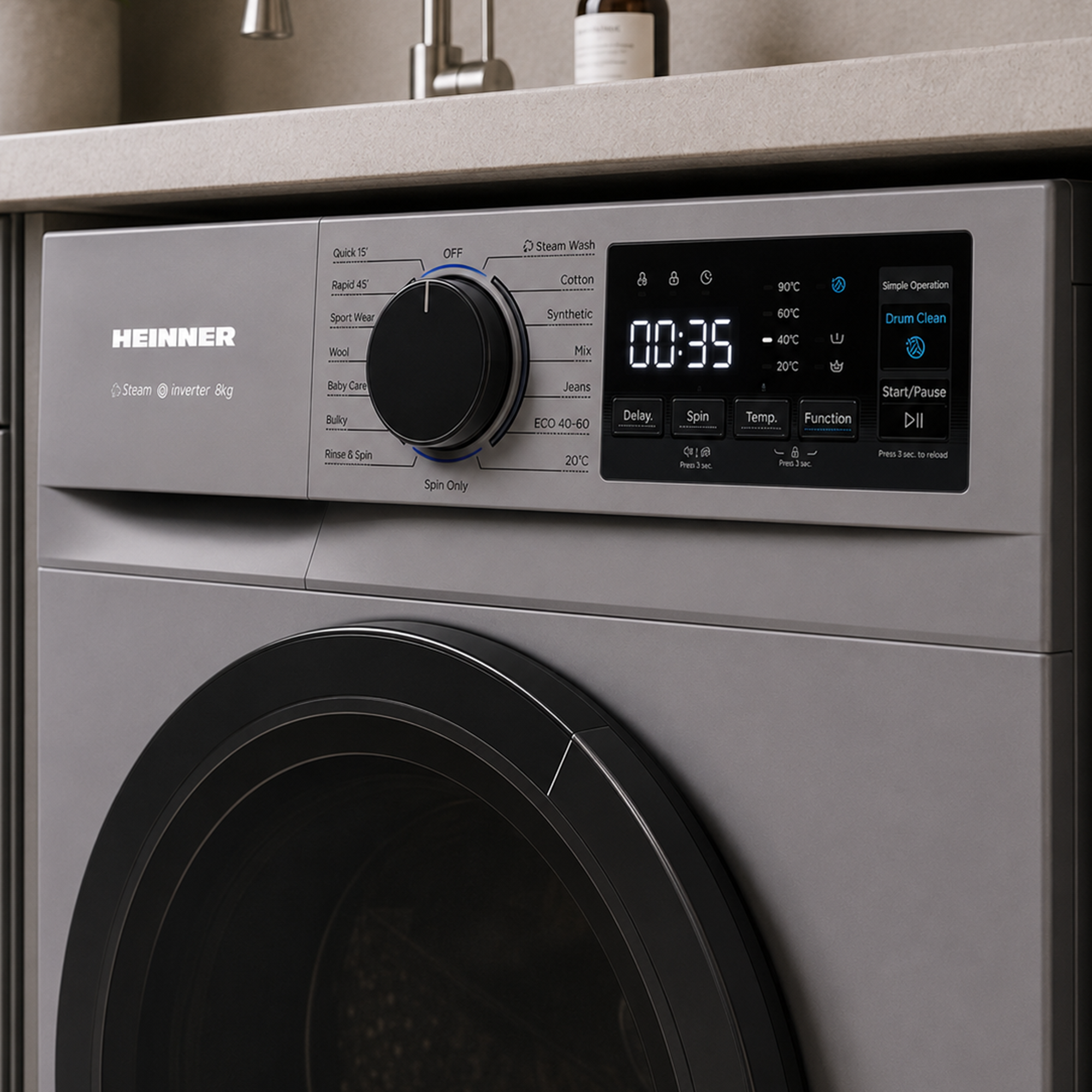 Silberne Heinner Waschmaschine mit digitalem Display und schwarzem Programmwählknopf.