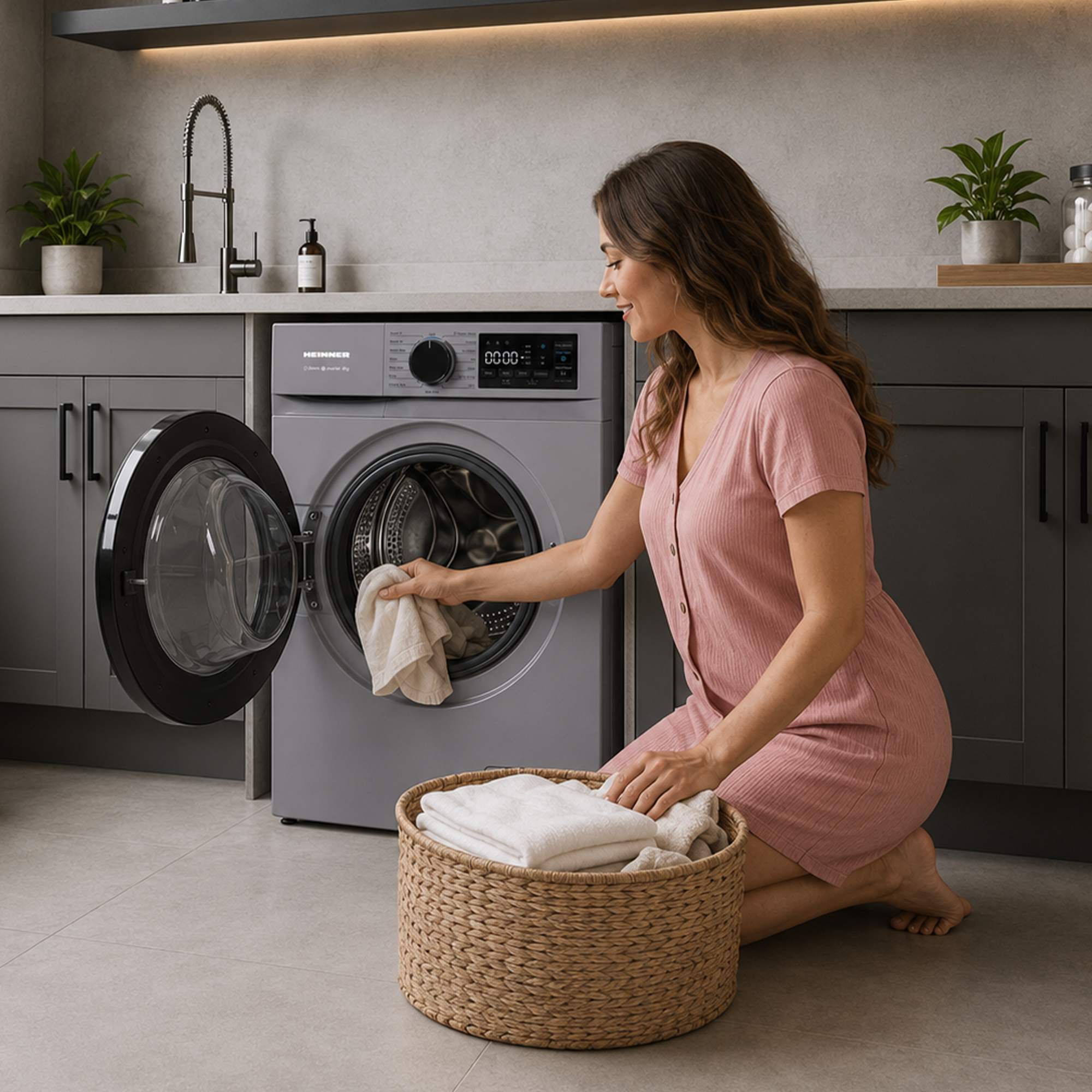 Eine Frau in einem rosa Kleid legt Wäsche in eine graue Waschmaschine in einer modernen Küche.