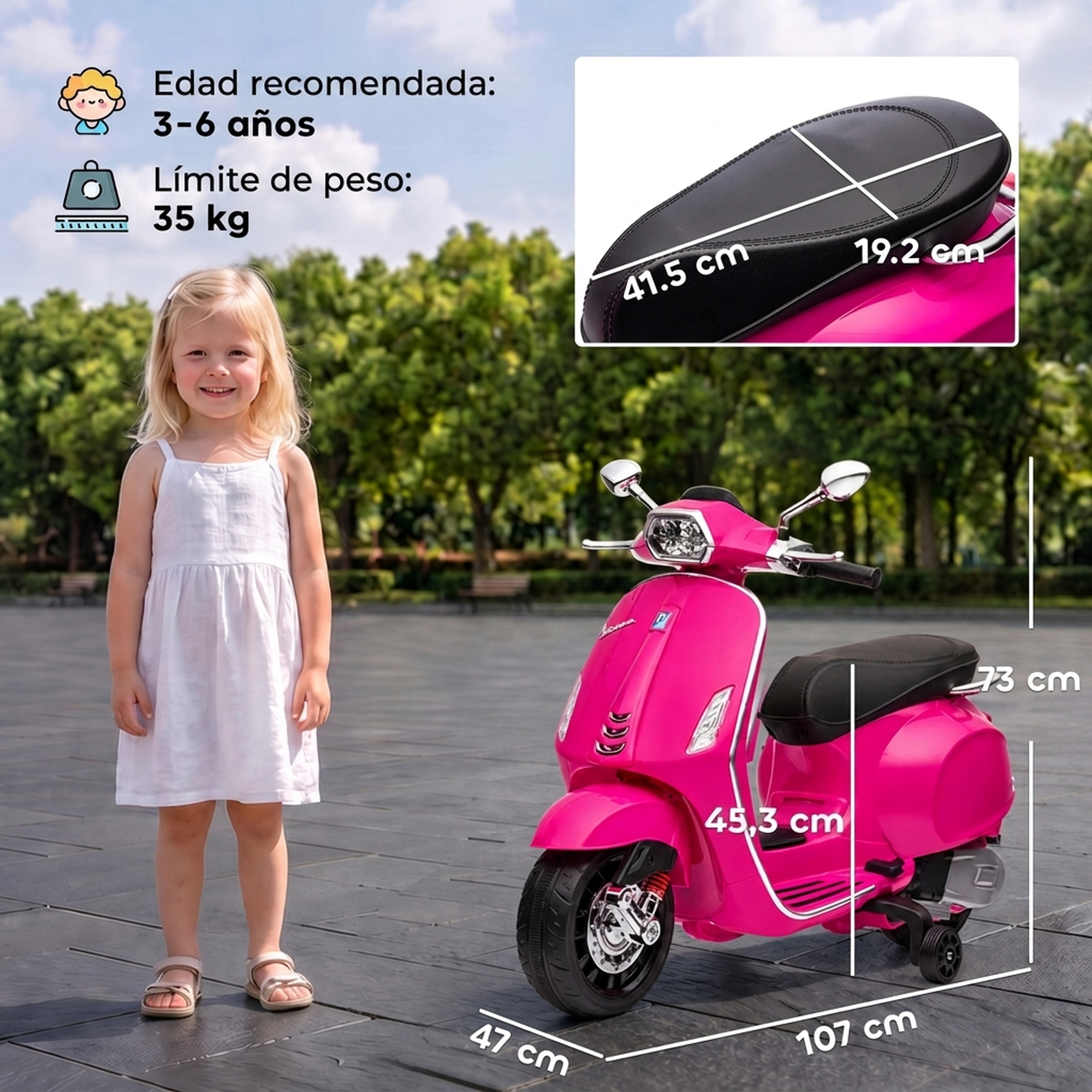 Niña con vestido blanco junto a una moto eléctrica rosa para niños con medidas.