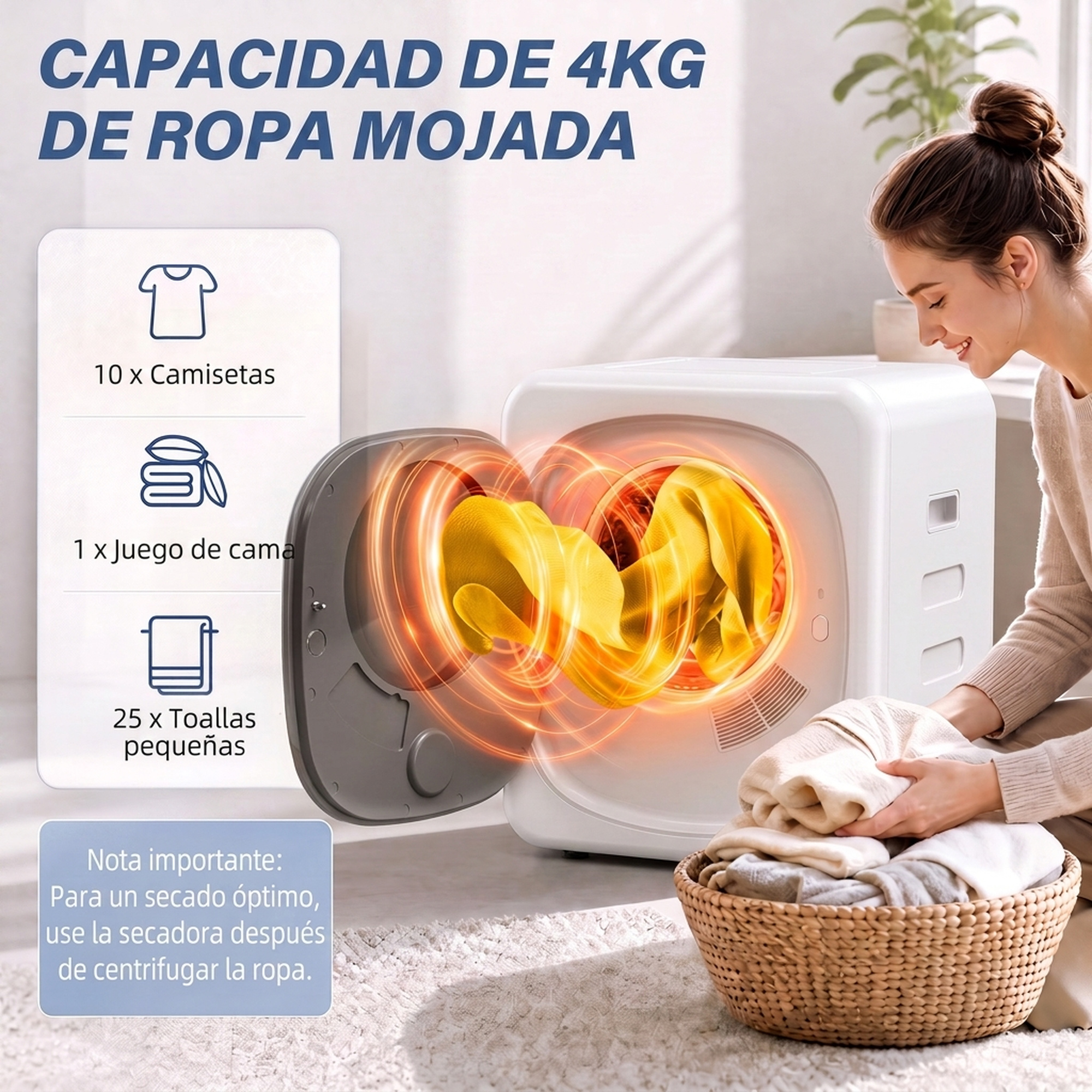 Una mujer cargando ropa en una secadora blanca pequeña junto a una infografía de capacidad.