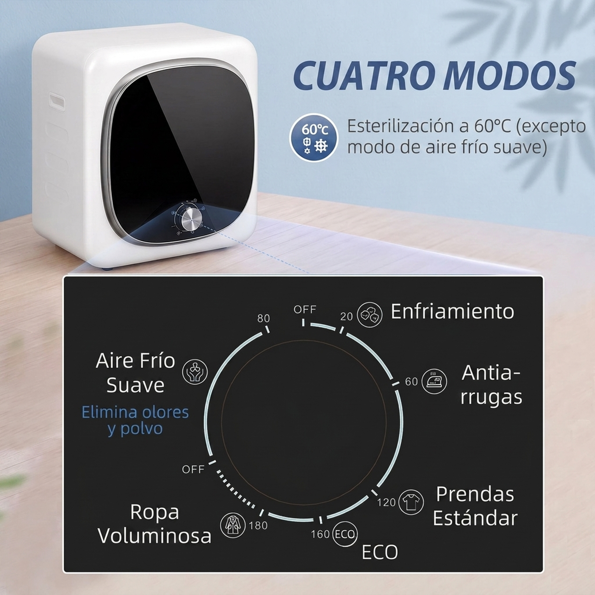 Electrodoméstico blanco sobre una mesa con un primer plano del mando y cuatro modos.