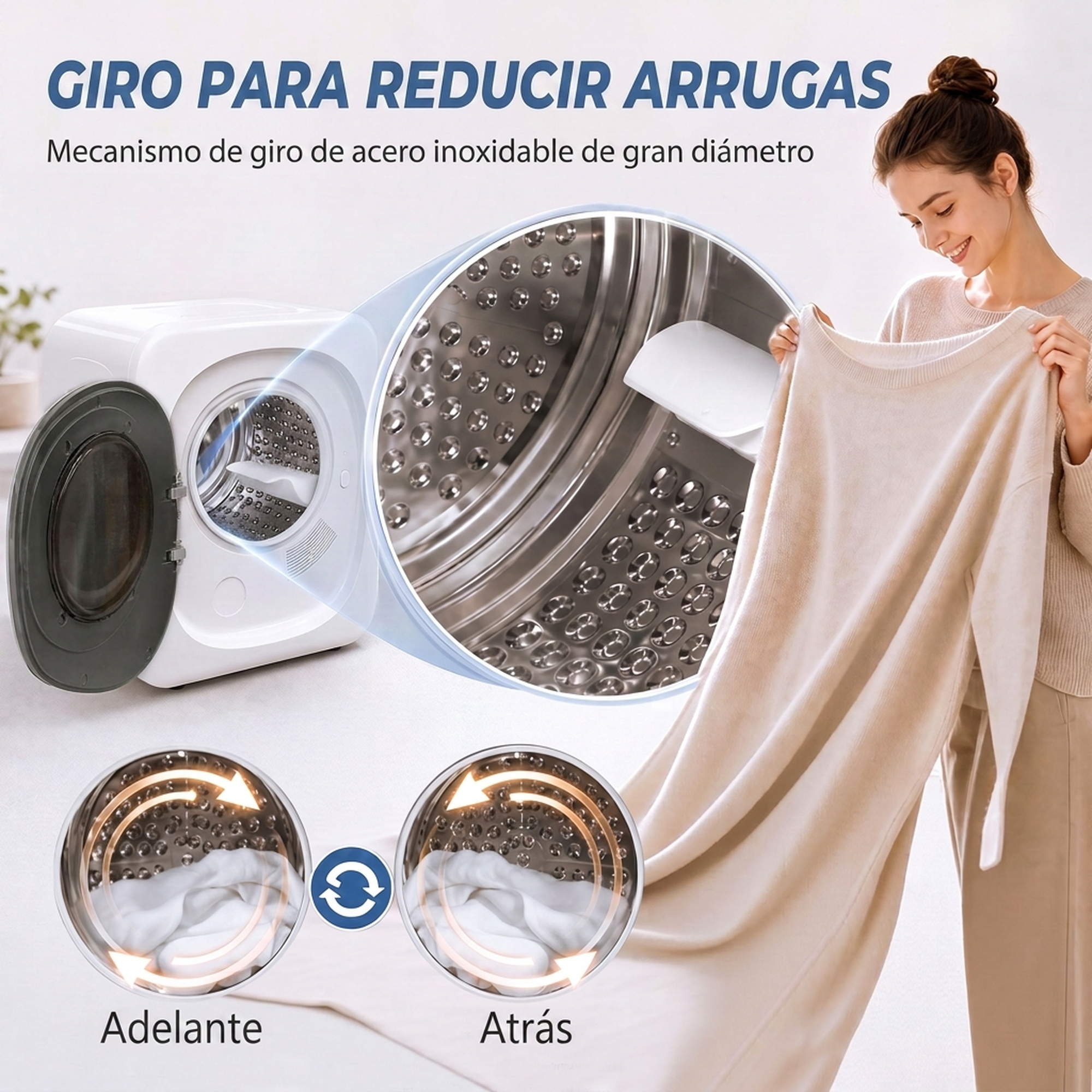 Mujer sosteniendo ropa frente a una secadora con tambor de acero inoxidable y giro antiarrugas.