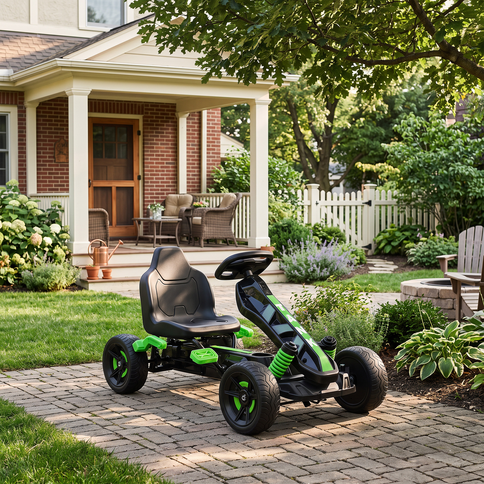 Un kart negro y verde se encuentra en un camino de piedra frente a una casa de dos pisos con porche.