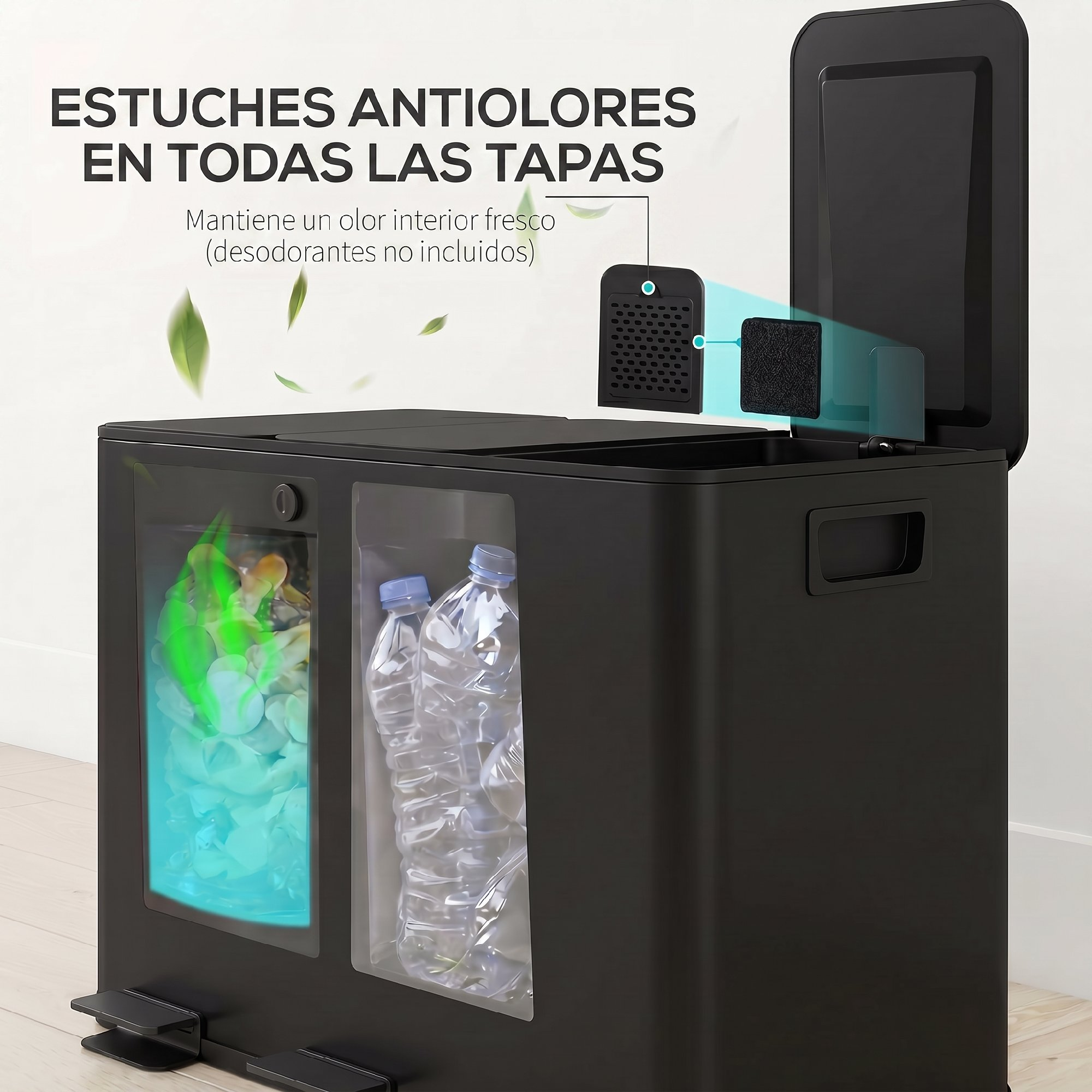 Un cubo de reciclaje negro con compartimentos, ventanas transparentes y tapa abierta.
