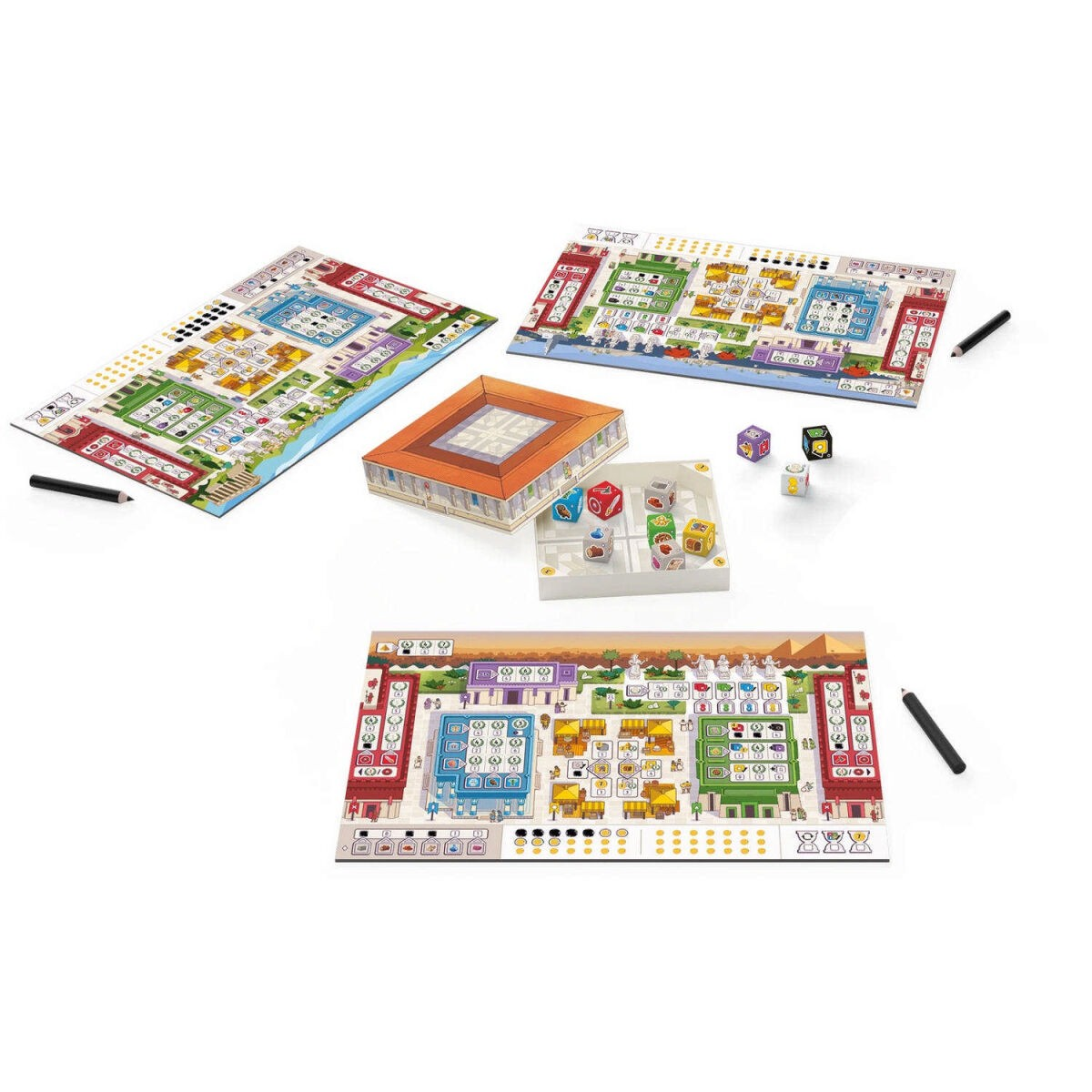 Brettspiel-Setup mit drei Spielertafeln, farbigen Würfeln, einem zentralen Gebäude, Schale und Stiften.