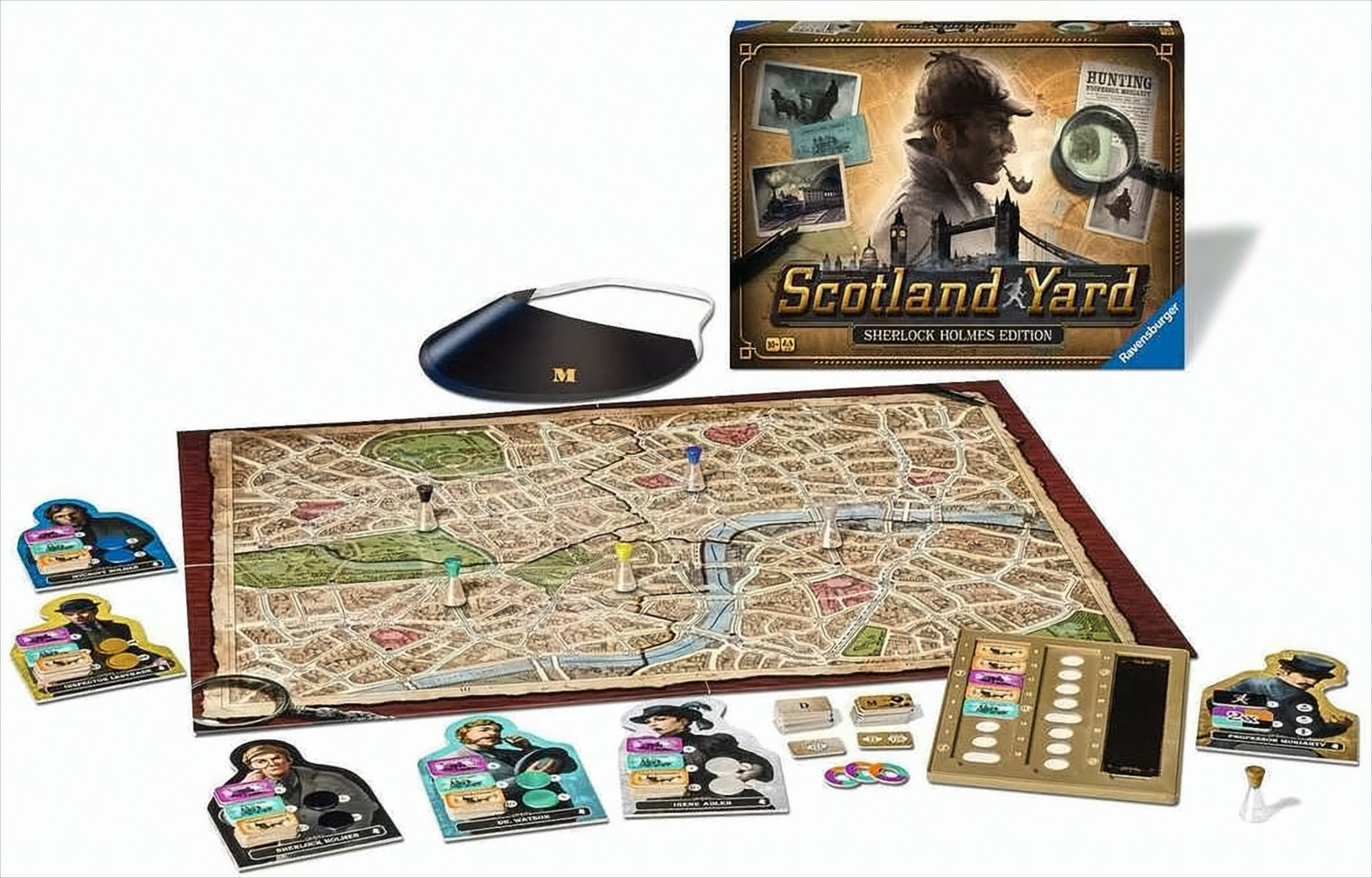 Gioco da tavolo Scotland Yard Sherlock Holmes con tabellone, scatola, pedine e accessori su sfondo bianco.
