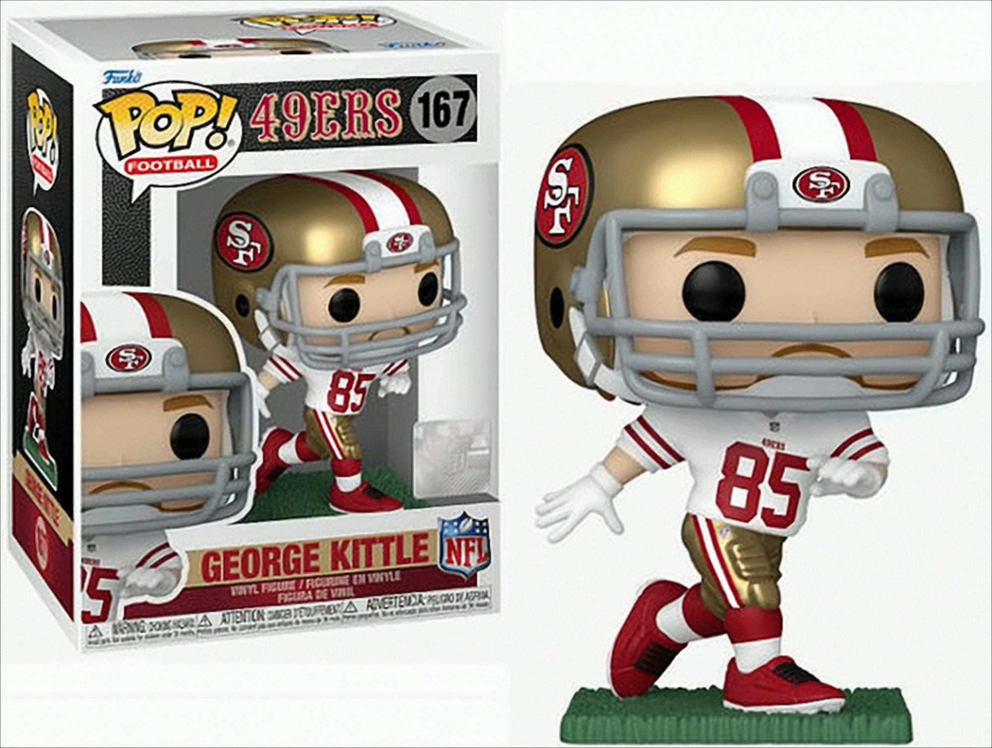 George Kittle Funko Pop Figur mit 49ers Trikot und Helm vor seiner Box.
