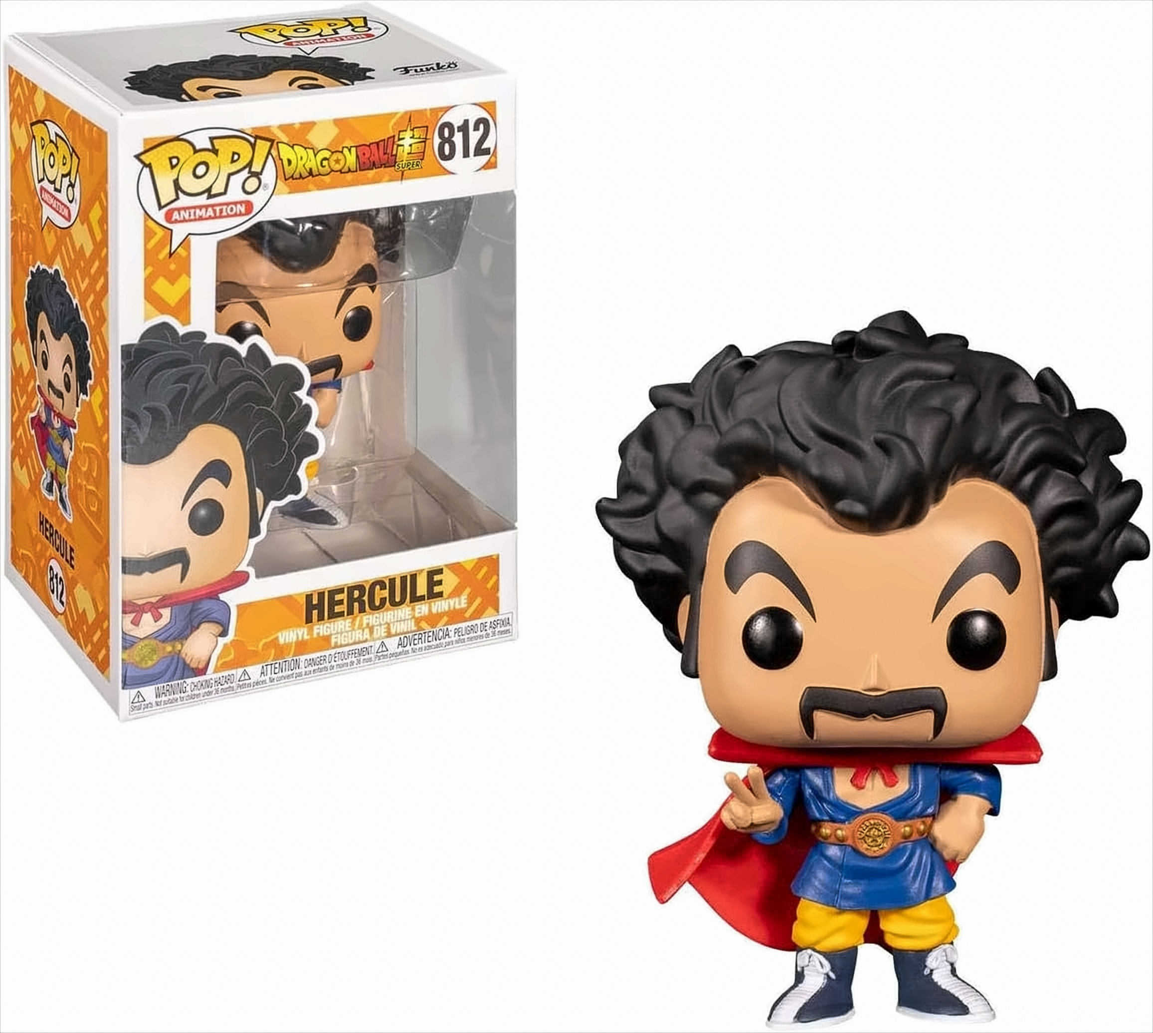 Funko Pop Hercule-Figur neben ihrer Verpackung mit Drachenball-Super-Design.