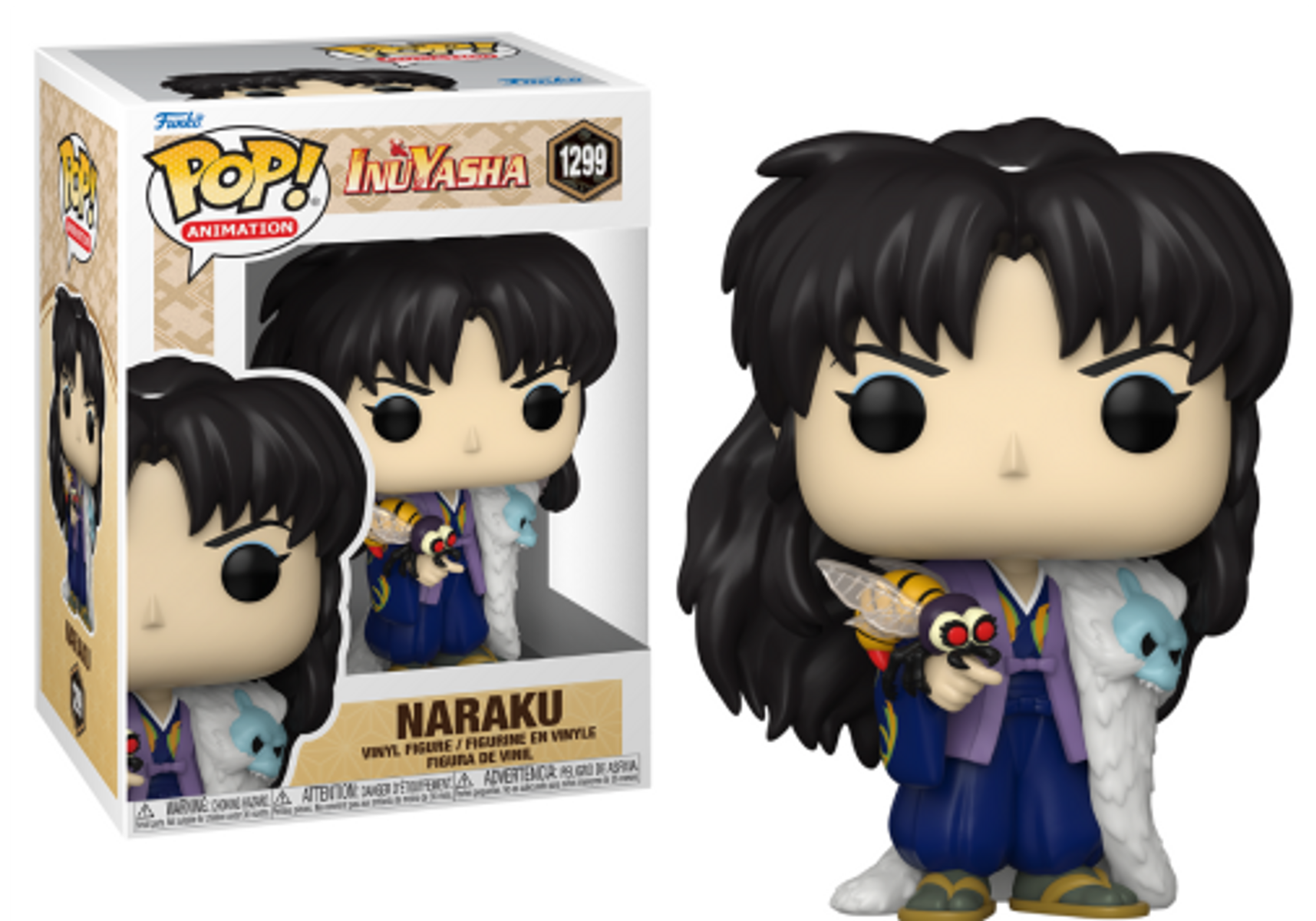 Naraku Pop-Figur aus InuYasha mit Saimyosho-Biene und weißem Pelz in ihrer Verpackung.