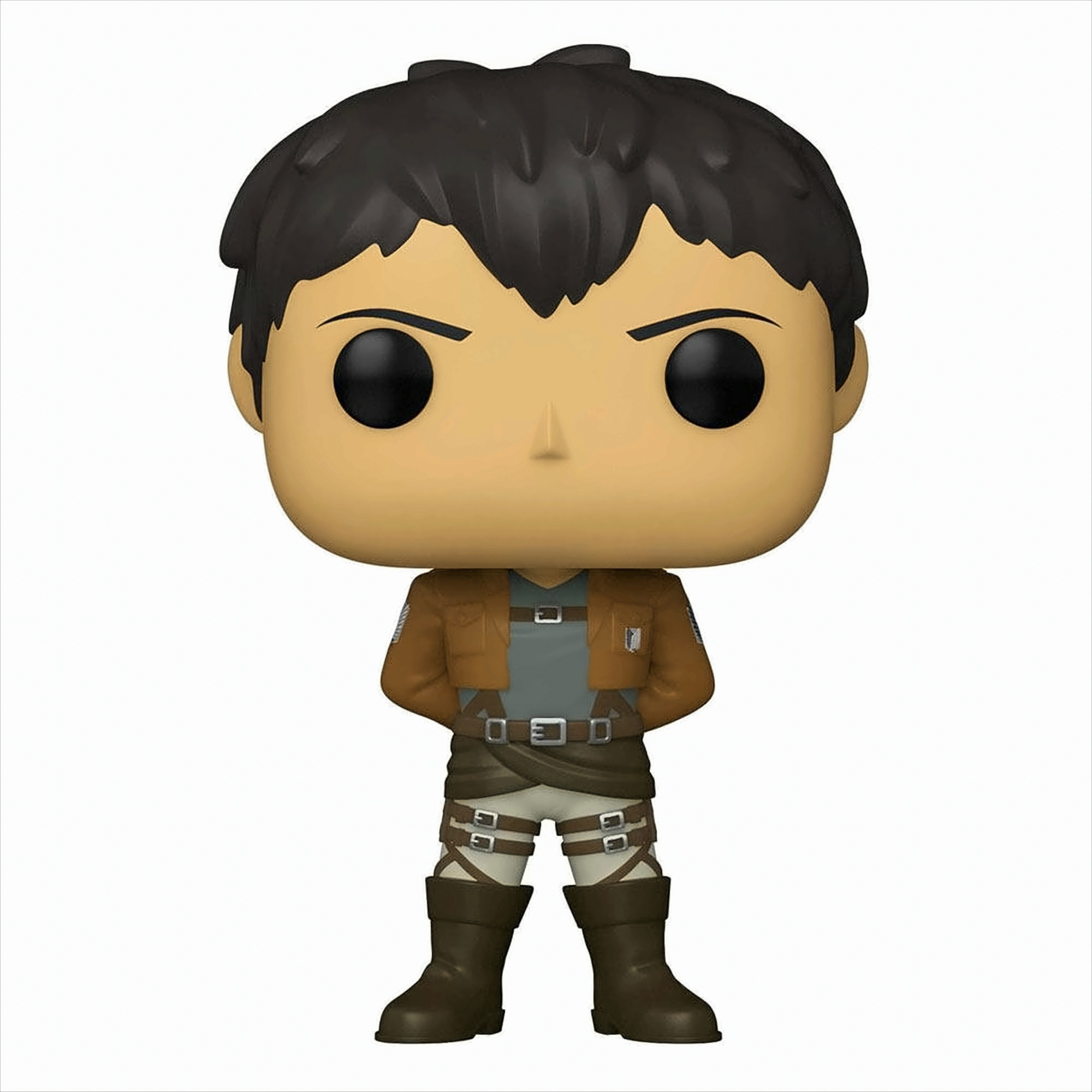 Una figura Funko Pop de Bertholdt Hoover de Attack on Titan con chaqueta marrón.