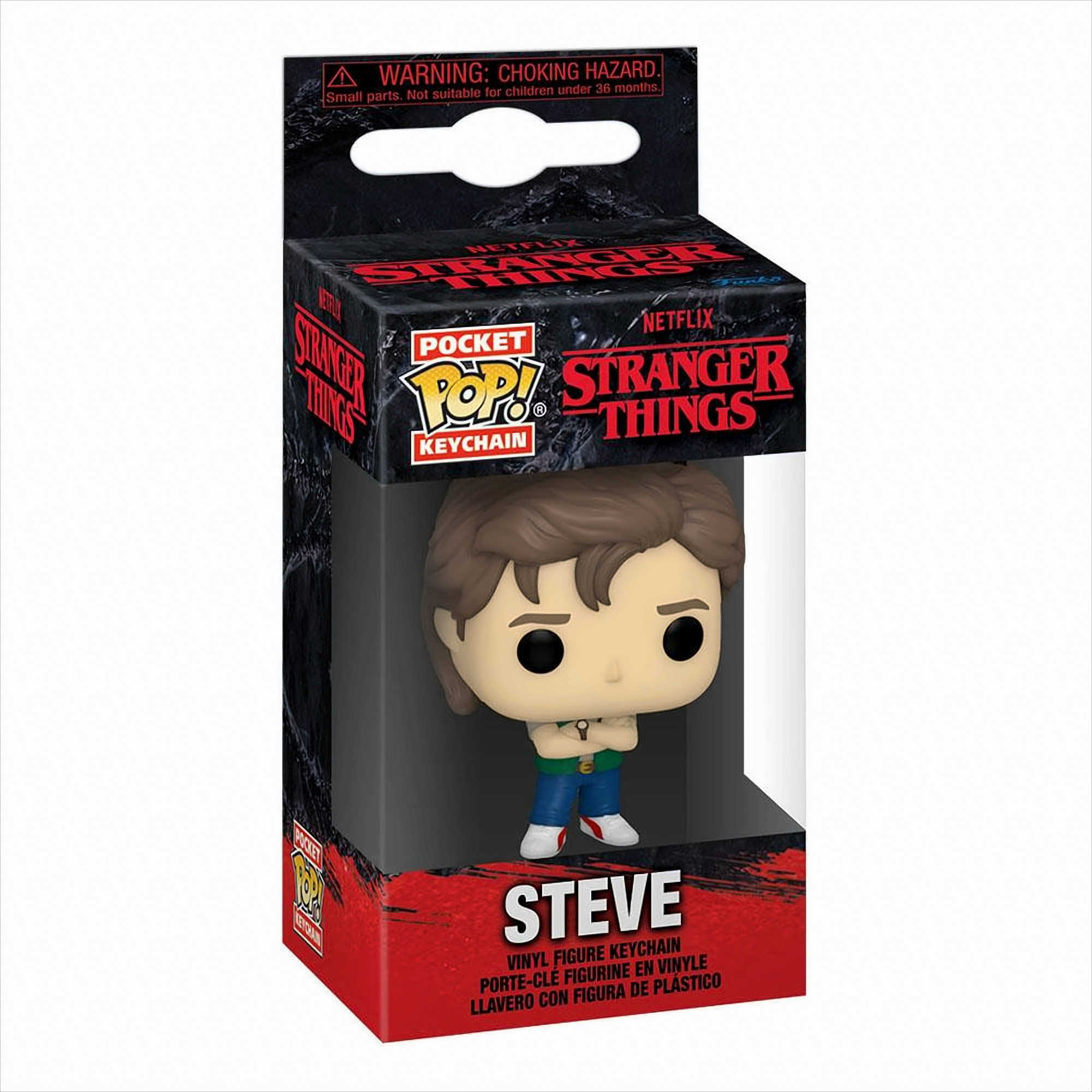 Steve Stranger Things Funko Pop Schlüsselanhänger in der Verpackung.