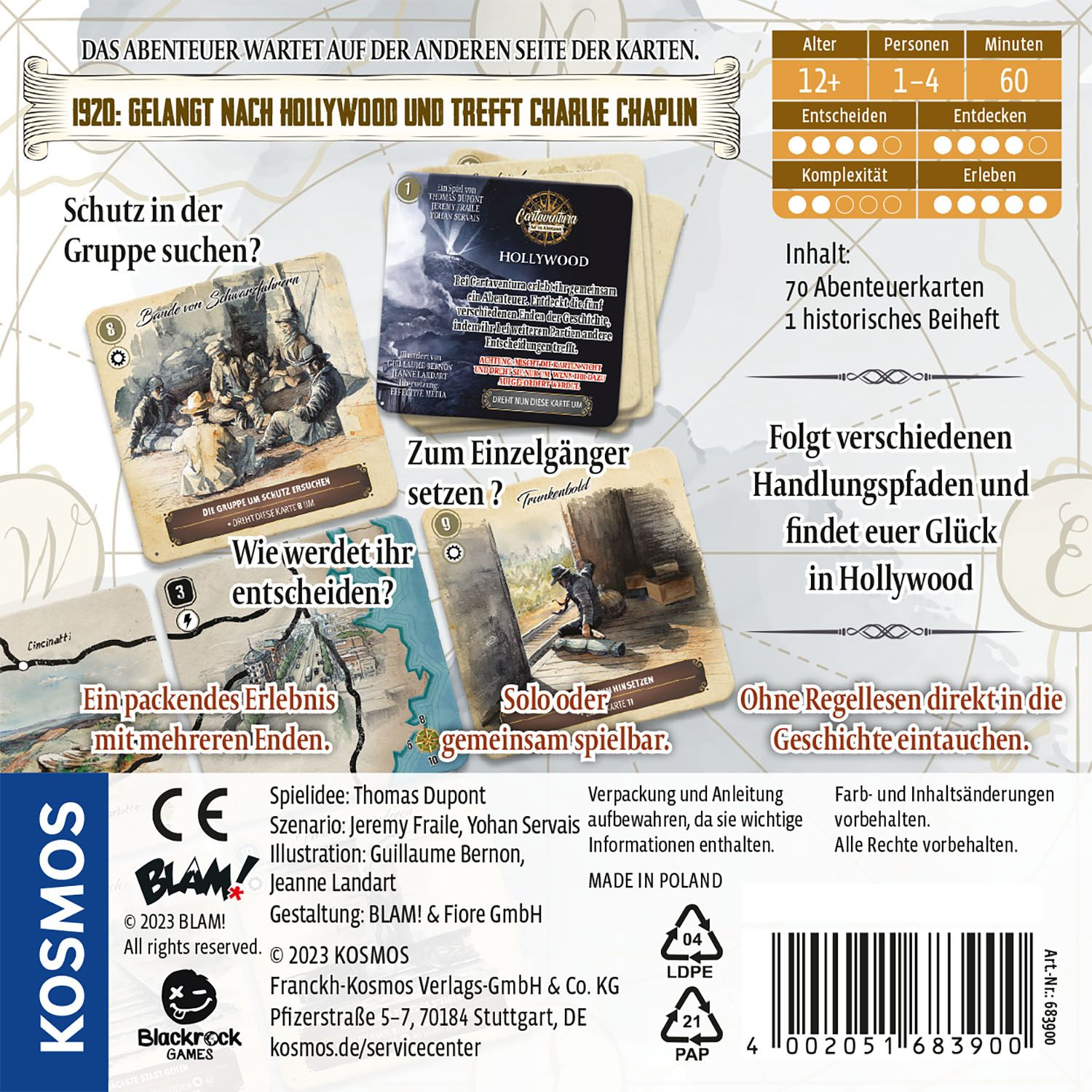 Rückseite des Kartenspiels Cartaventura Hollywood mit Spielinfos und Beispielkarten.