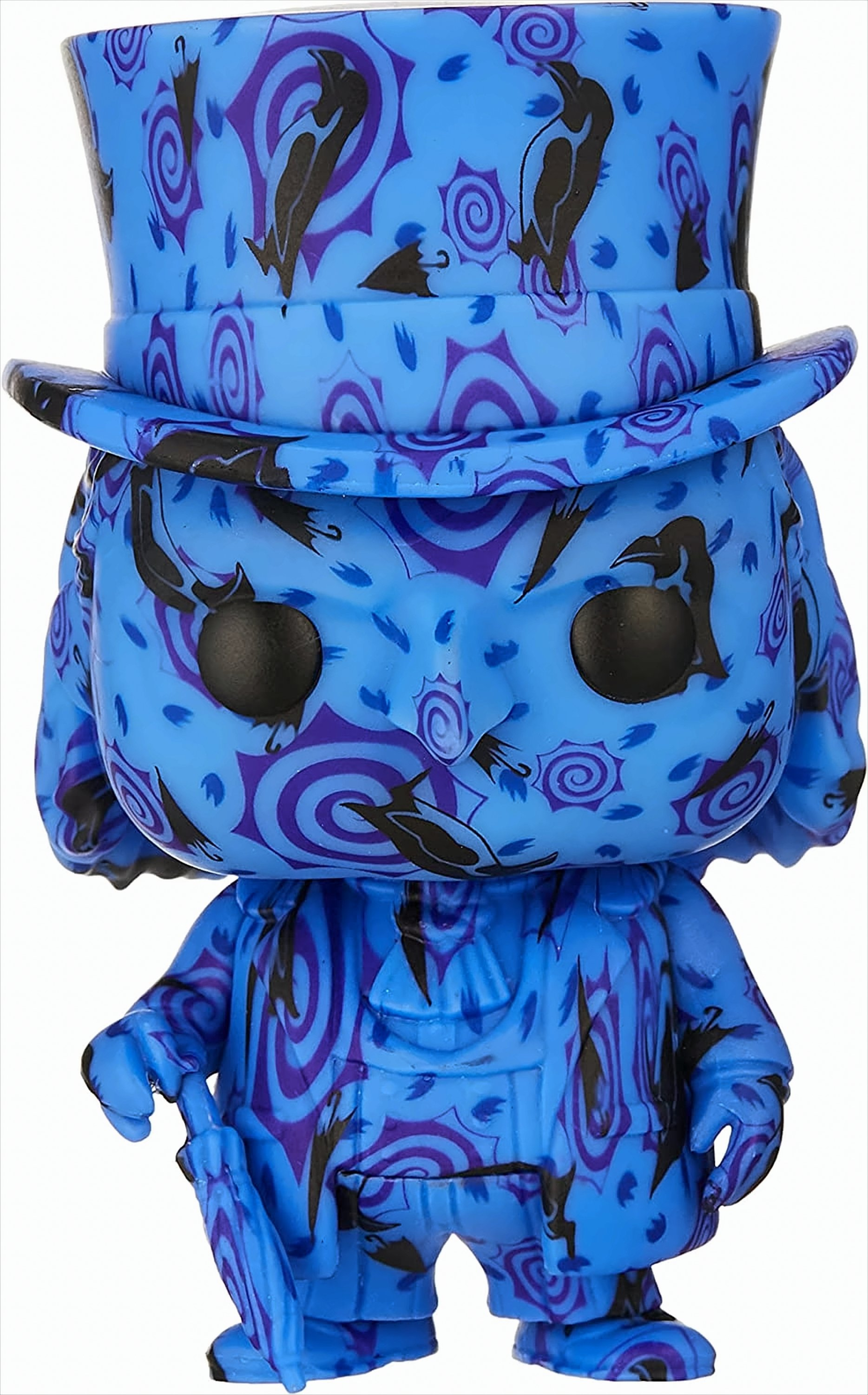 Blaue Vinylfigur mit schwarzem Zylinder, Muster aus Raben, Regenschirmen und Wirbeln, hält einen Regenschirm.