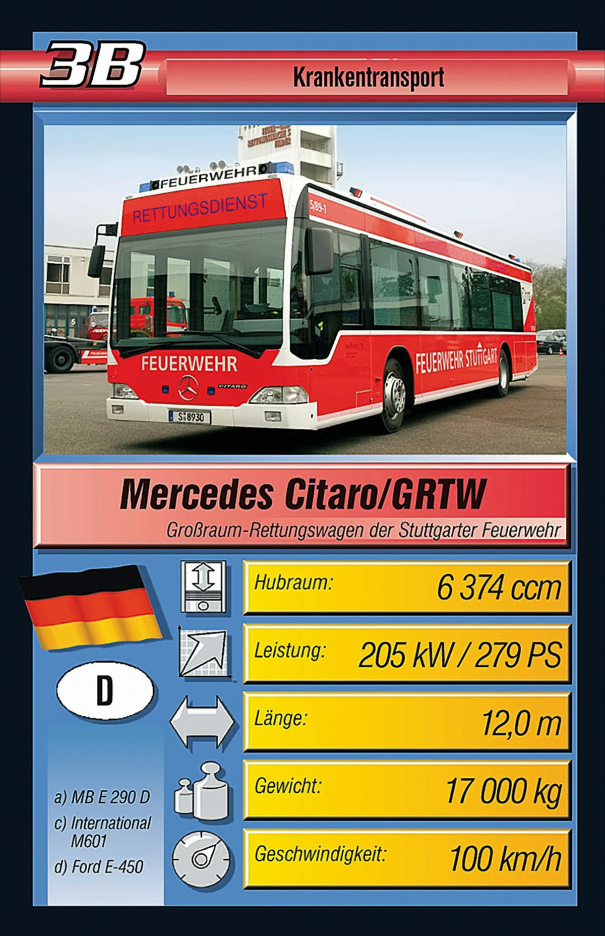 Sammelkarte zeigt einen roten Mercedes-Benz Citaro Großraum-Rettungswagen der Stuttgarter Feuerwehr mit technischen Daten.