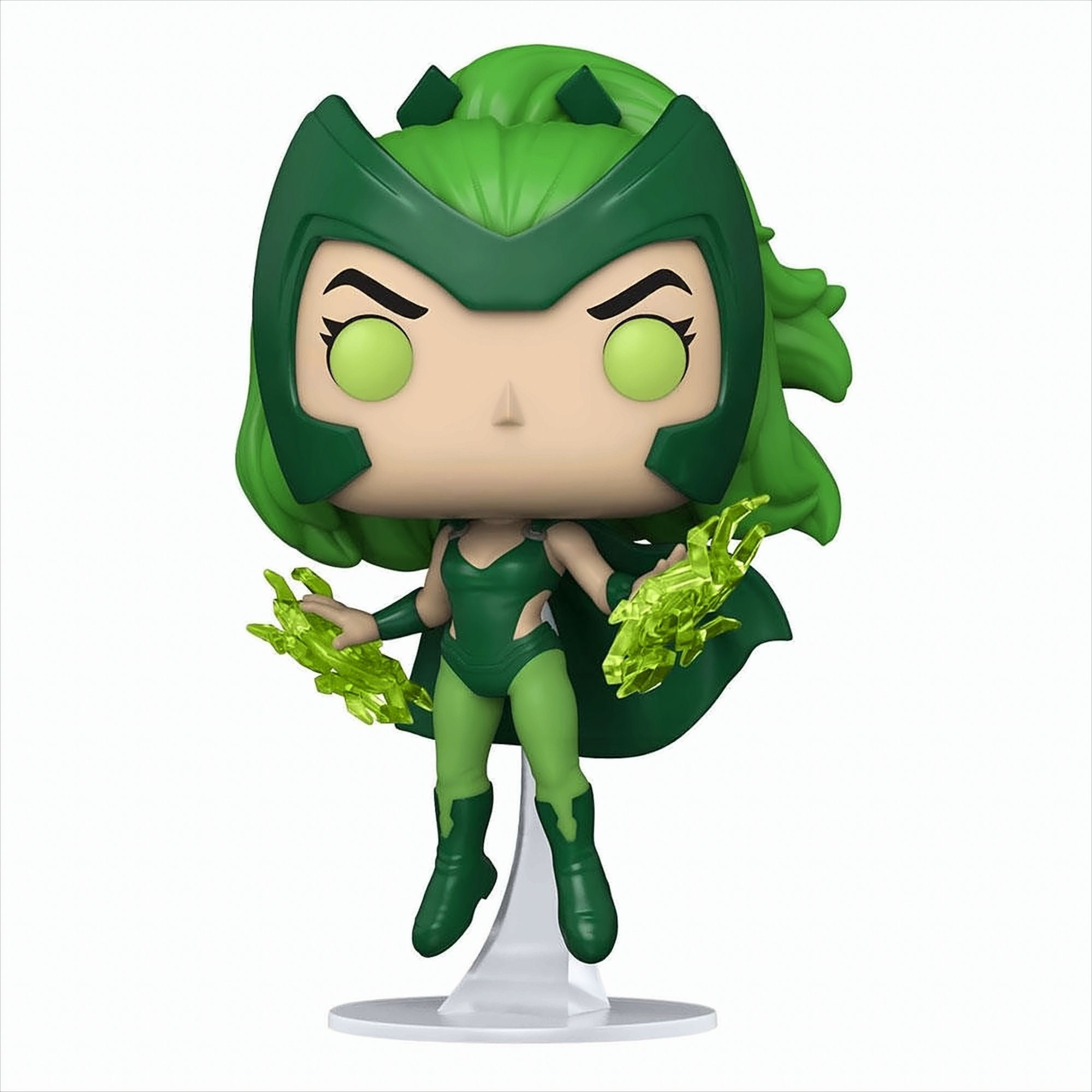 Eine grüne Funko Pop Figur von Polaris mit leuchtenden Händen und grünem Helm auf weißem Hintergrund.