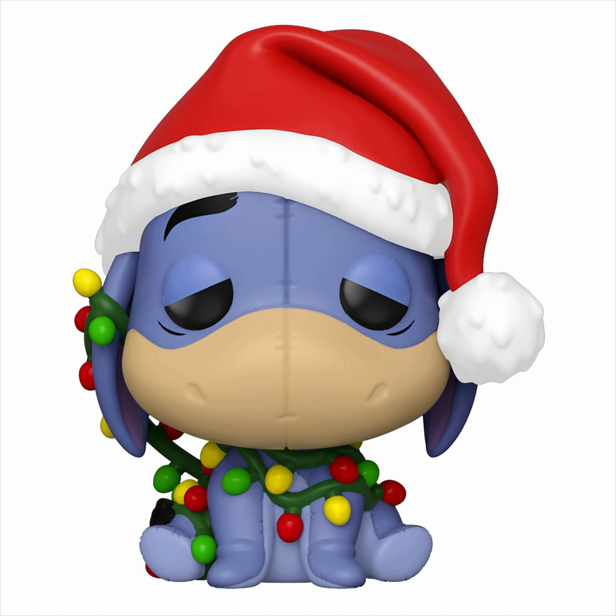 Eine Eeyore-Vinylfigur mit Weihnachtsmütze und Lichterkette vor weißem Hintergrund.