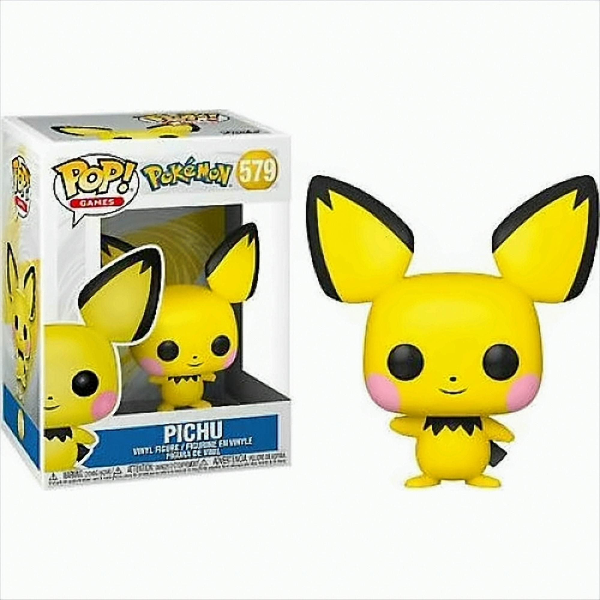 Una figura in vinile Funko Pop di Pichu giallo si trova accanto alla confezione su sfondo bianco.