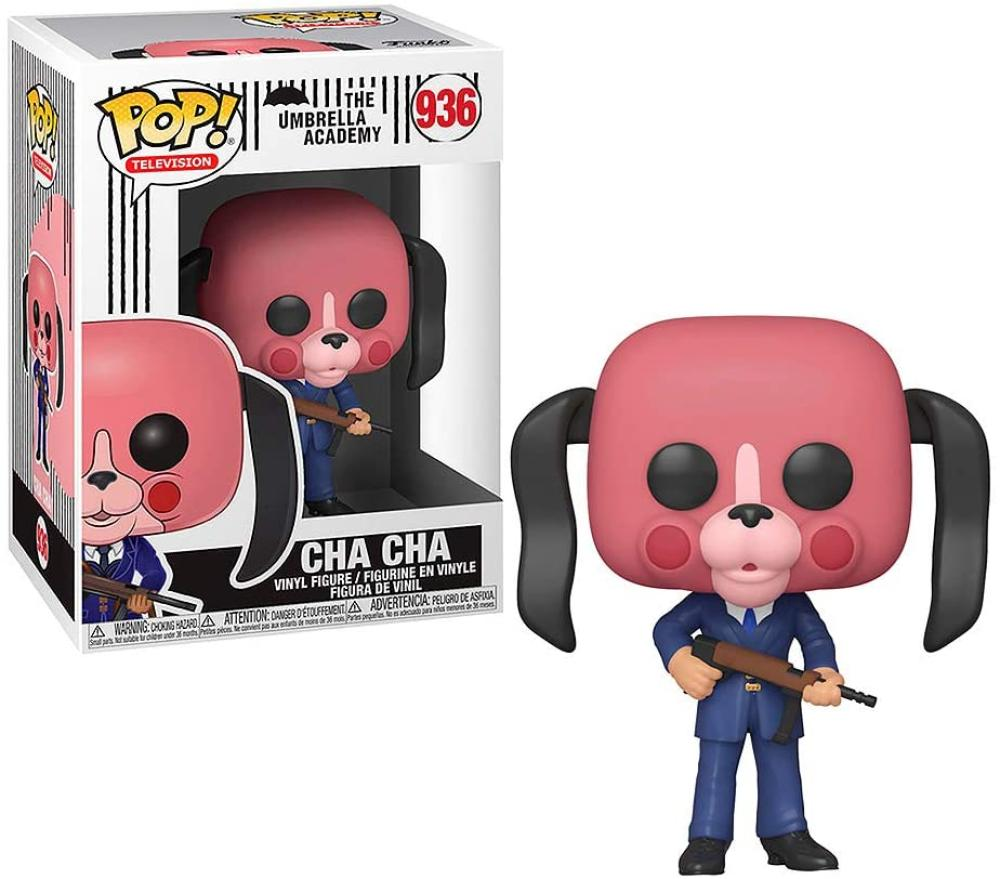 Cha Cha Funko Pop Figur mit rosa Hundekopf und blauer Anzug, daneben die Box.