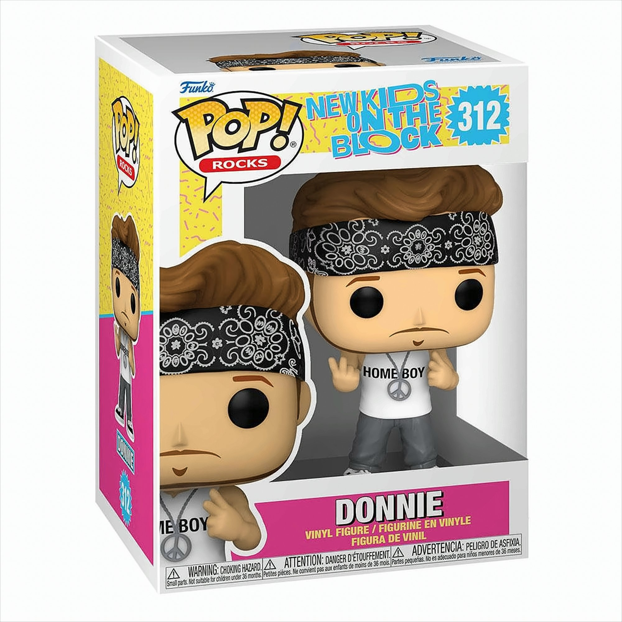 Funko Pop! Rocks Donnie Vinyl-Figur in Originalverpackung, mit Bandana und "Home Boy" Shirt.