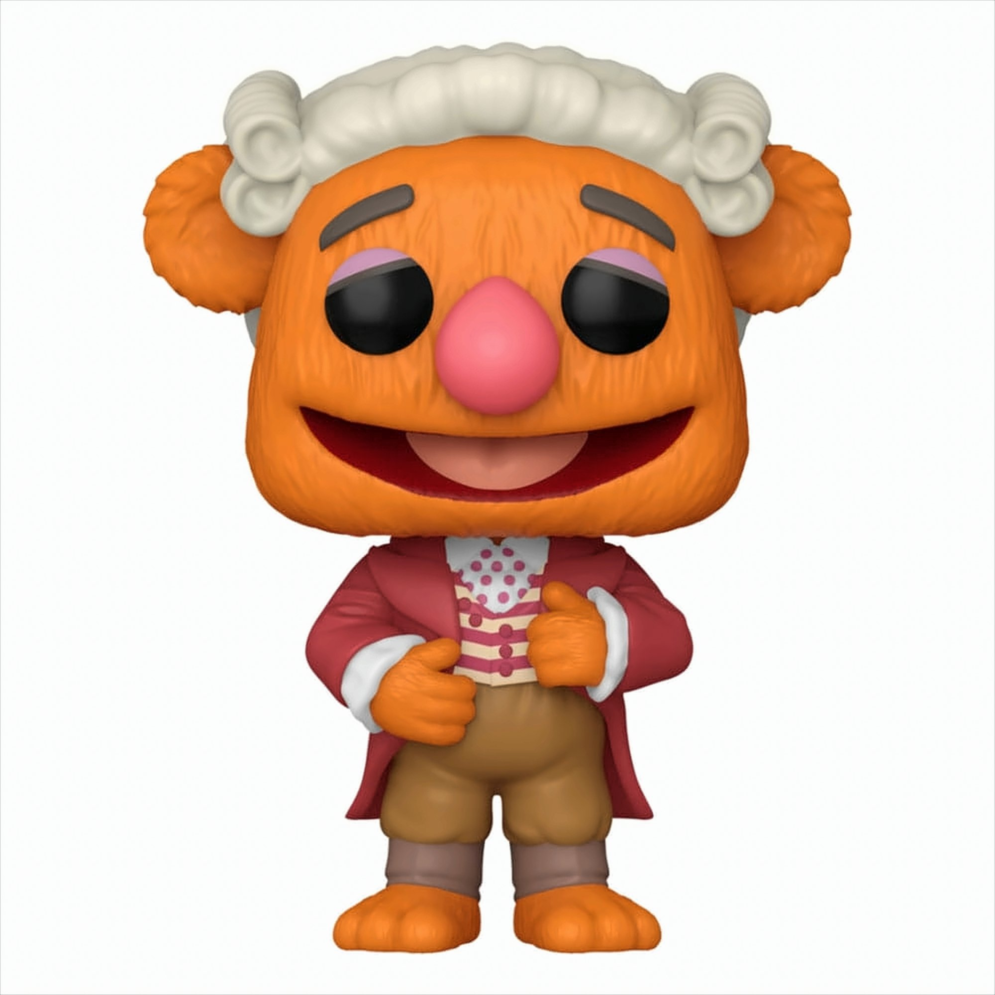 Una figure Funko Pop arancione di Fozzie Bear con parrucca, giacca rossa e gilet a pois su sfondo bianco.
