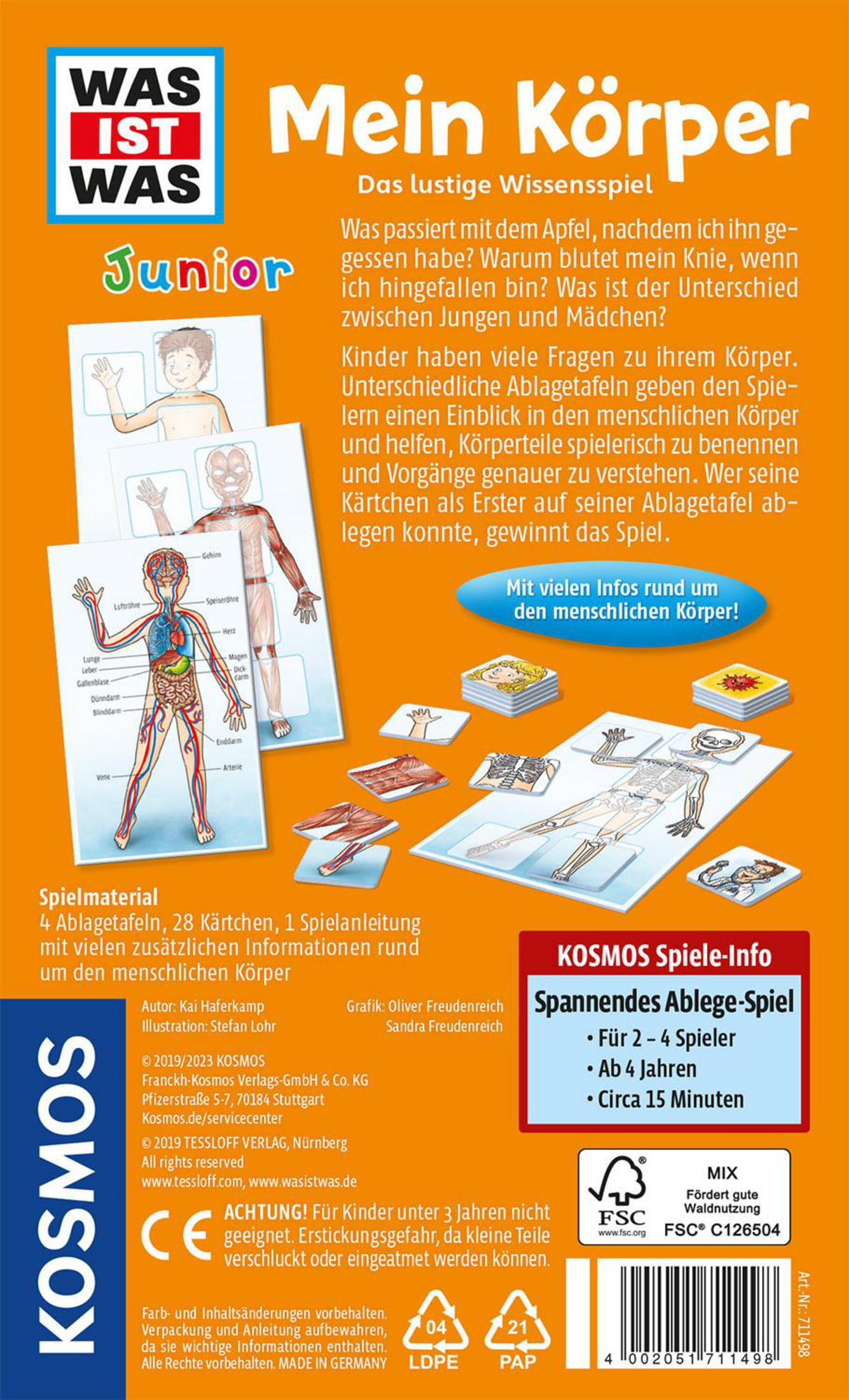 Spielkartonrückseite mit Lernkarten und Tafeln zum menschlichen Körper auf orangefarbenem Grund.