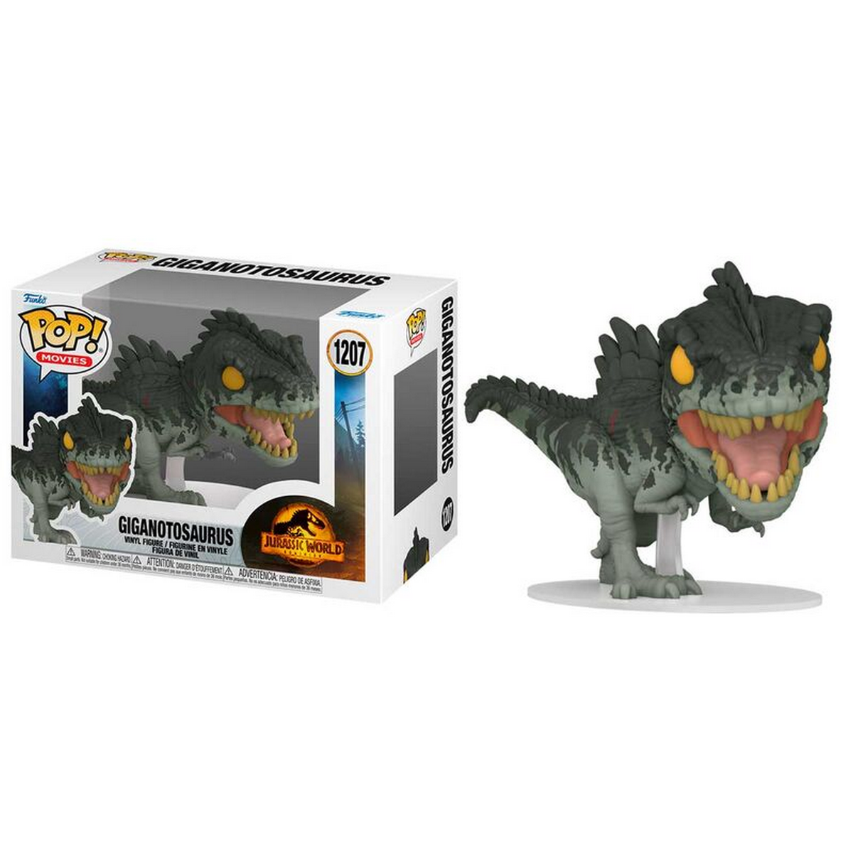 Eine Giganotosaurus Funko Pop Figur mit großer Verpackung, grüner Haut, gelben Augen und offenem Maul.