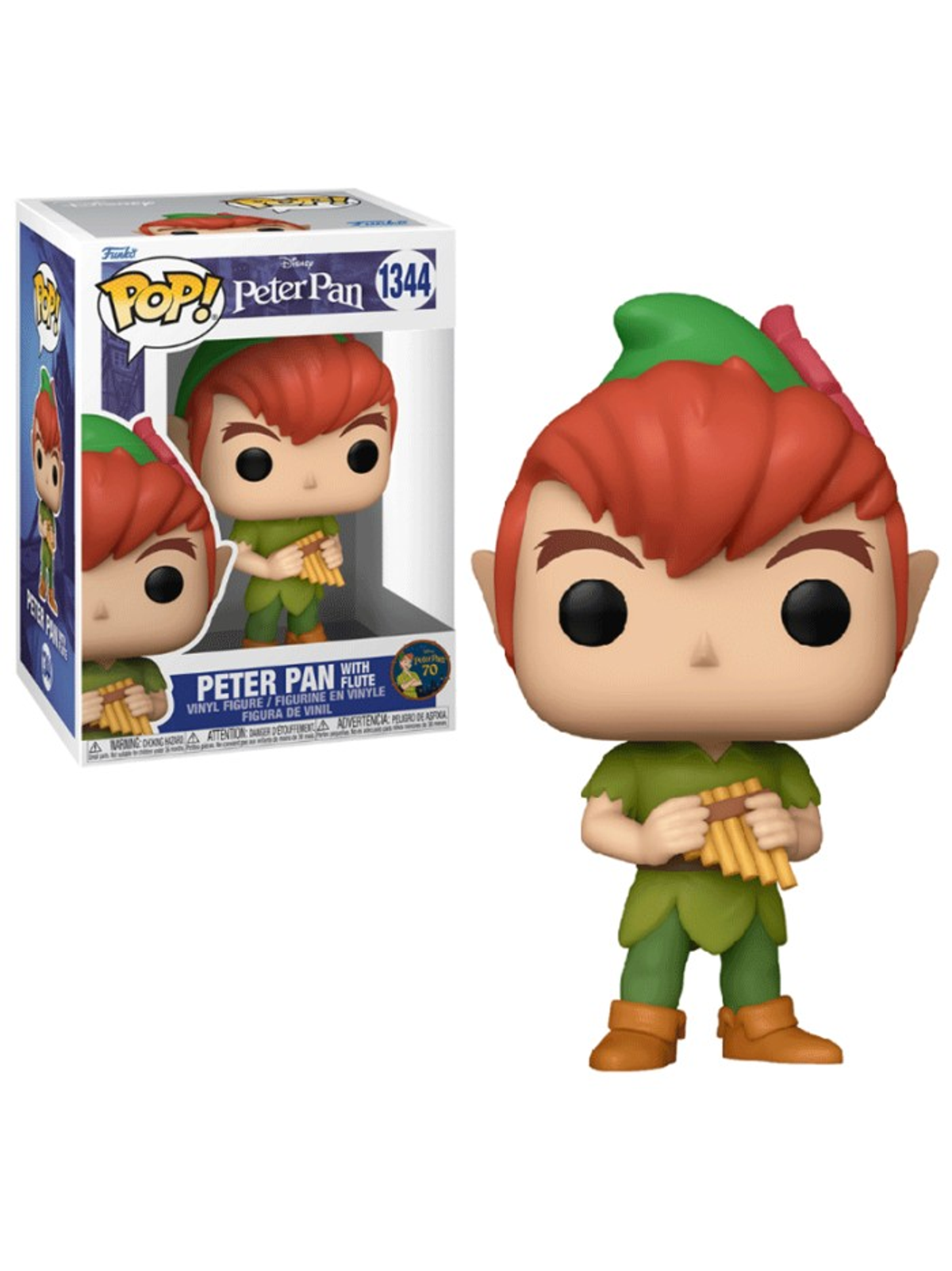 Funko Pop Peter Pan Vinylfigur mit Flöte neben ihrer Verpackung.