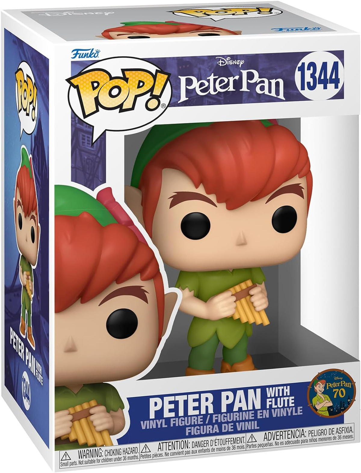 Funko POP Figur von Peter Pan mit Flöte in einer bedruckten Schachtel.